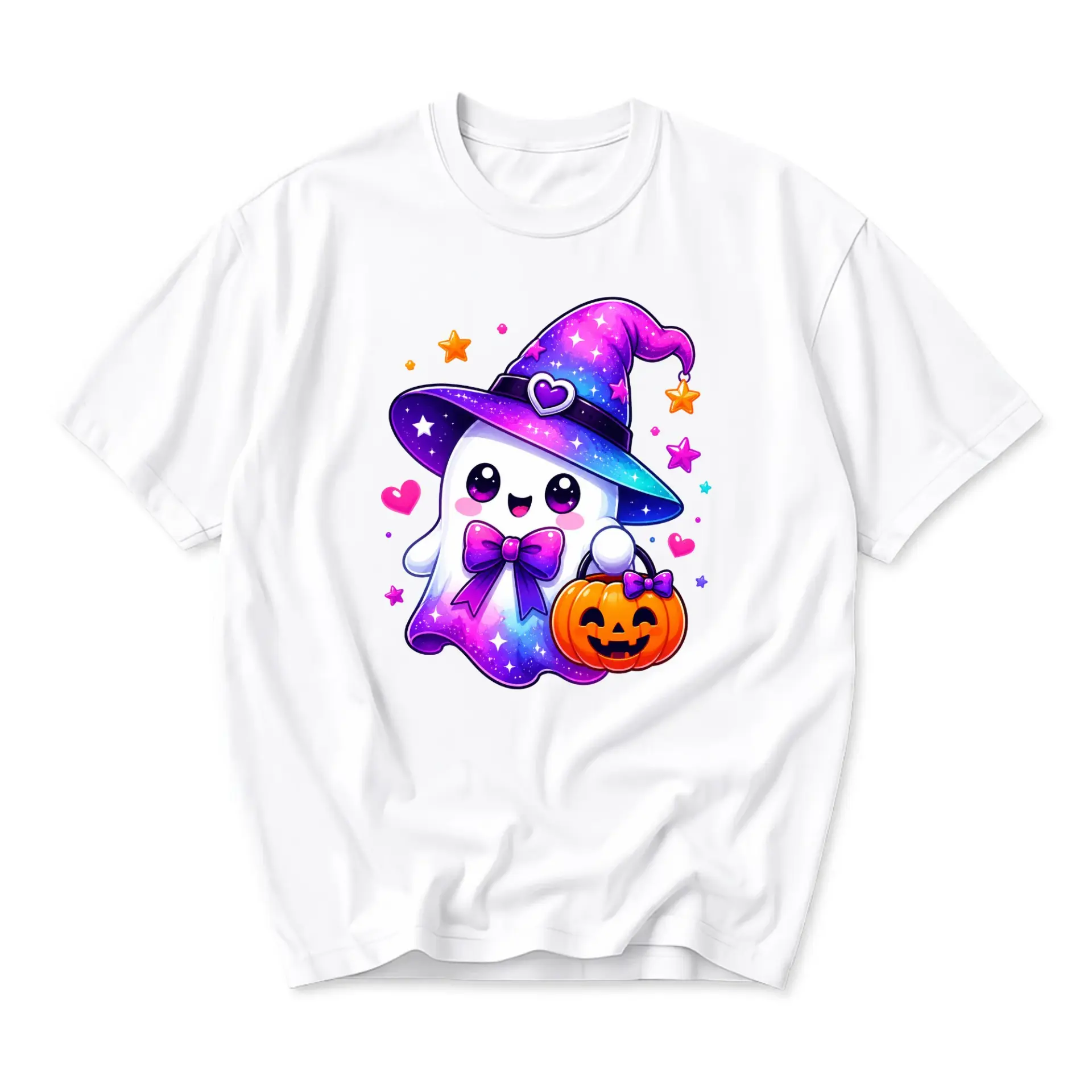 Graphic Tee Cute Ghost Wearing Witch Hat and Holding Pumpkin Unisex T-Shirt for Casual Wear and Everyday Style