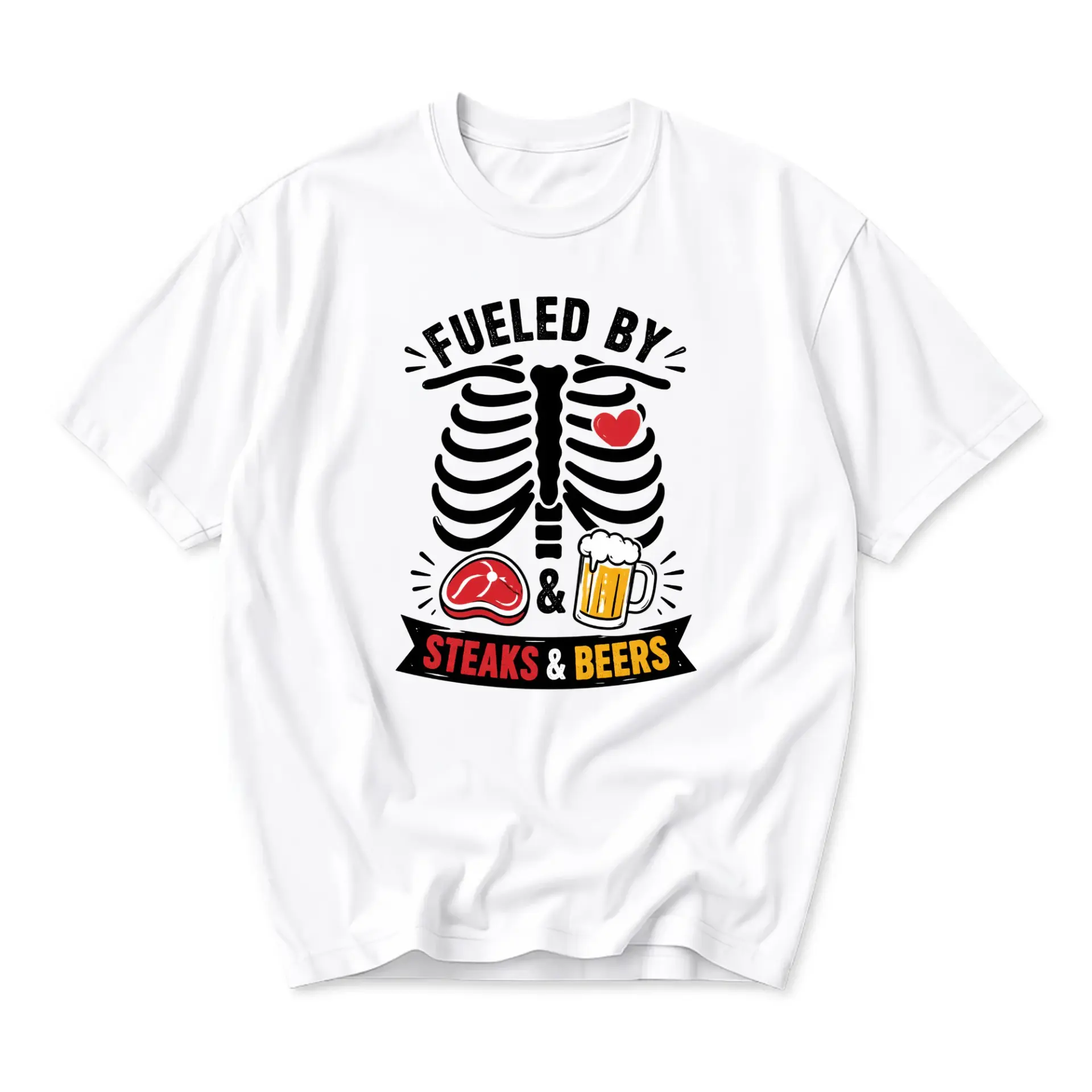 Funny Shirt Fueled by Steaks and Beers Graphic Tee Unisex Crew Neck Casual Cotton Blend Short Sleeve Apparel