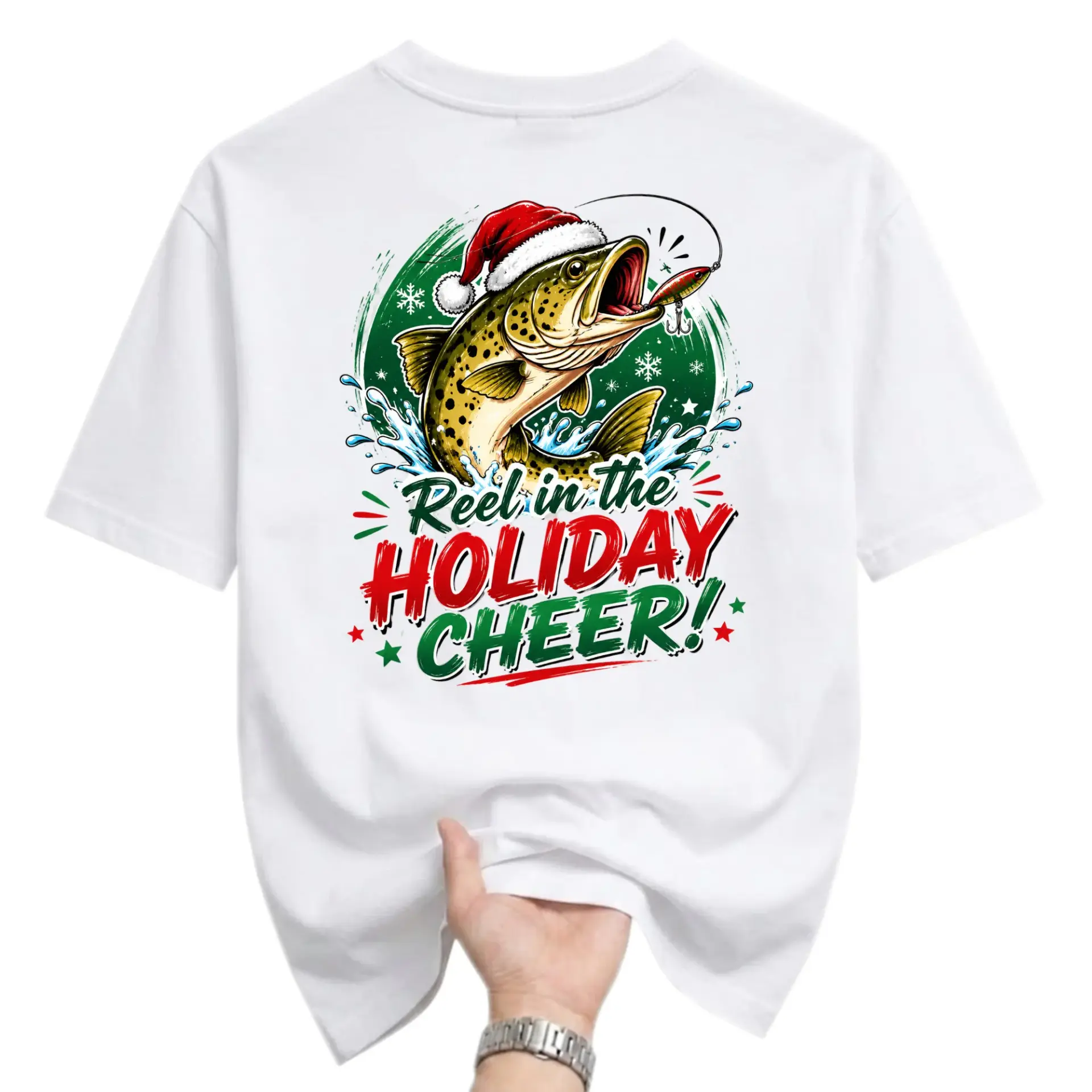 Funny Shirt Reel in the Holiday Cheer Fishing Graphic Tee Festive Fish