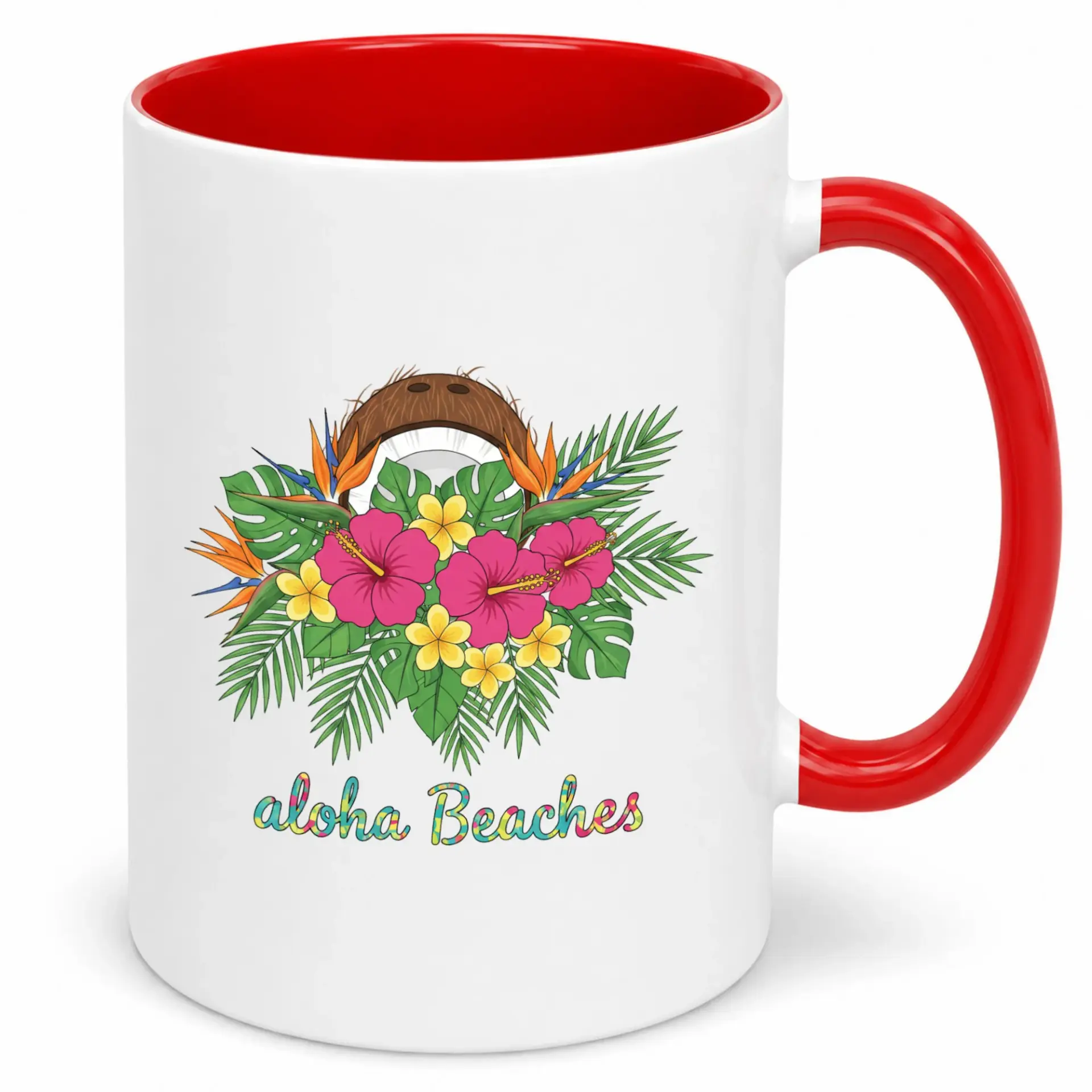 Funny Tropical Beaches Ceramic Coffee Mug with Hawaiian Floral Coconut Design and Vibrant Red Handle 11oz or 15oz Beverage Cup for Vacation Enthusiasts