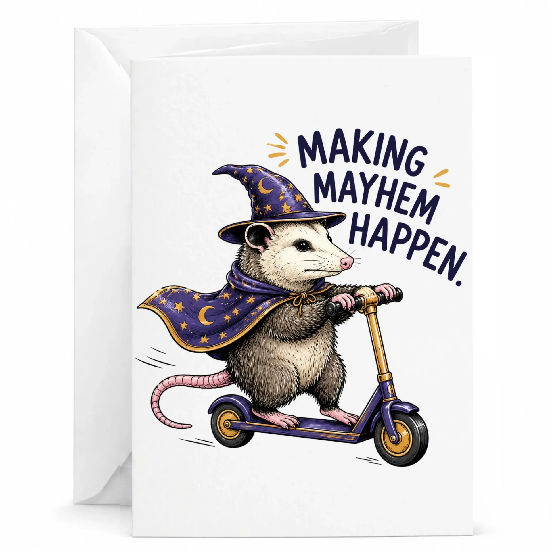 Funny Opossum Greeting Card Making Mayhem Scooter Design for Birthday Anniversary Just Because