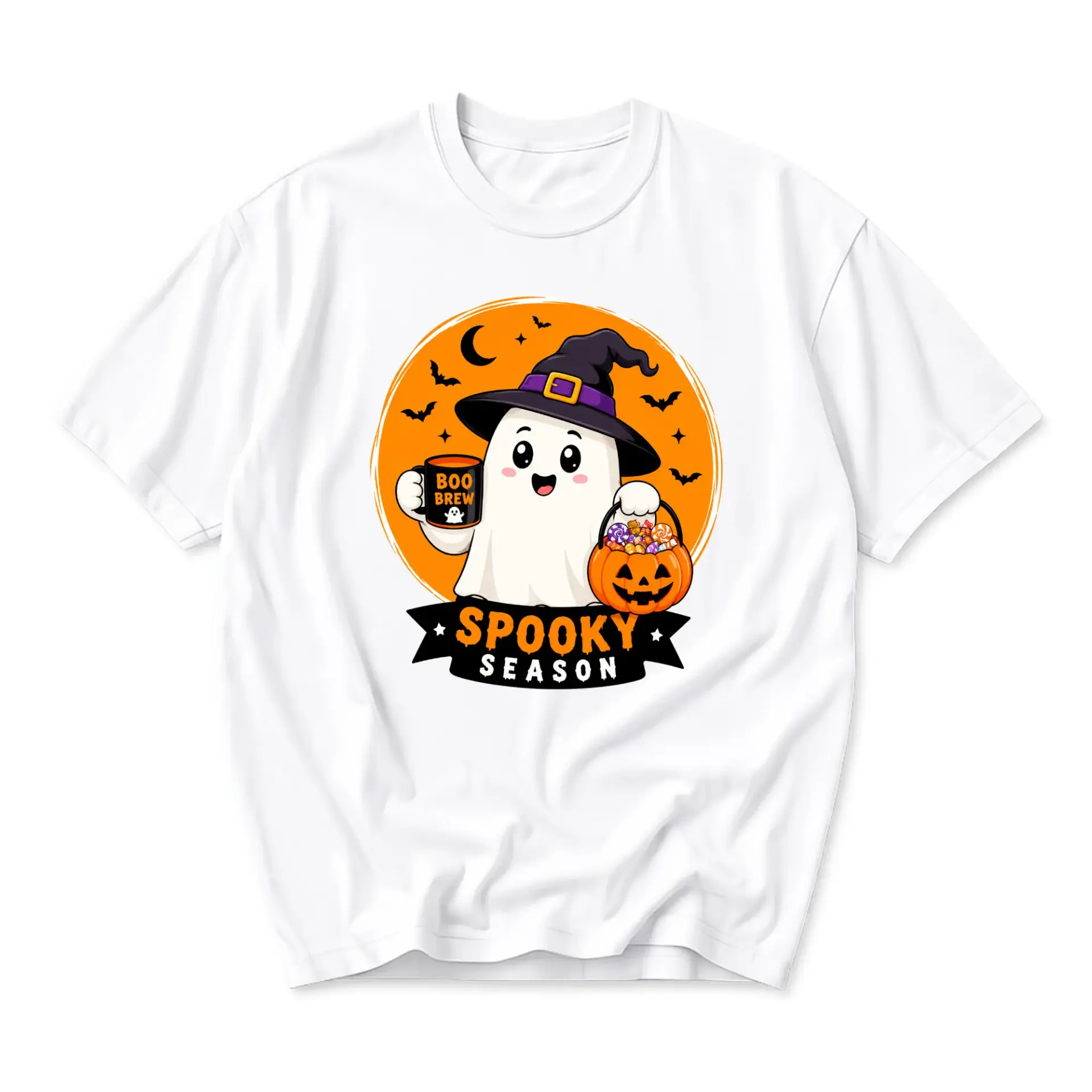 Funny Shirt Spooky Season Ghost Wearing Witch Hat Drinking Boo Brew Graphic Tee for Casual Fall Halloween Wear