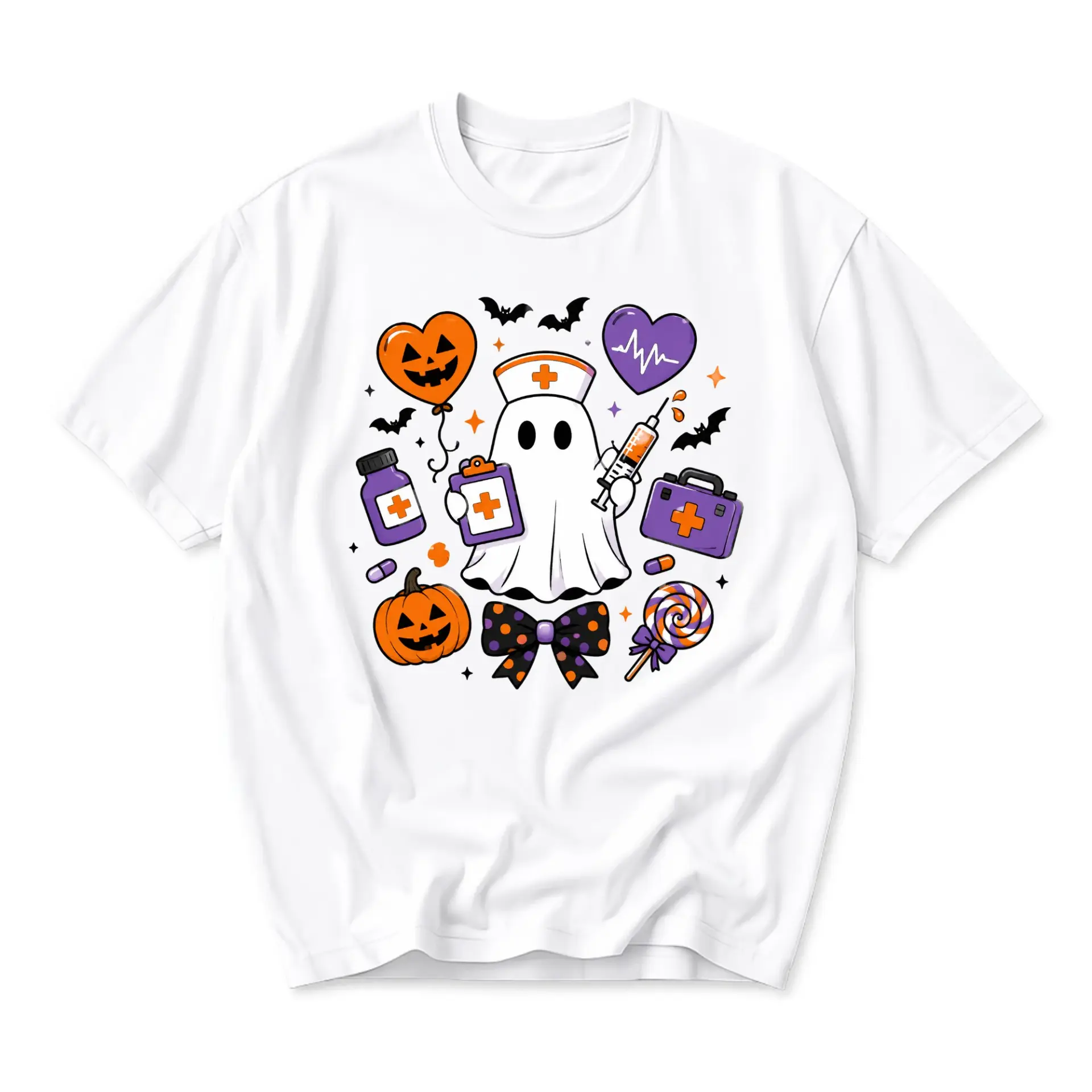 Graphic Tee Unisex Crew Neck T-Shirt Featuring Spooky Nurse Ghost with Medical and Halloween Elements Print