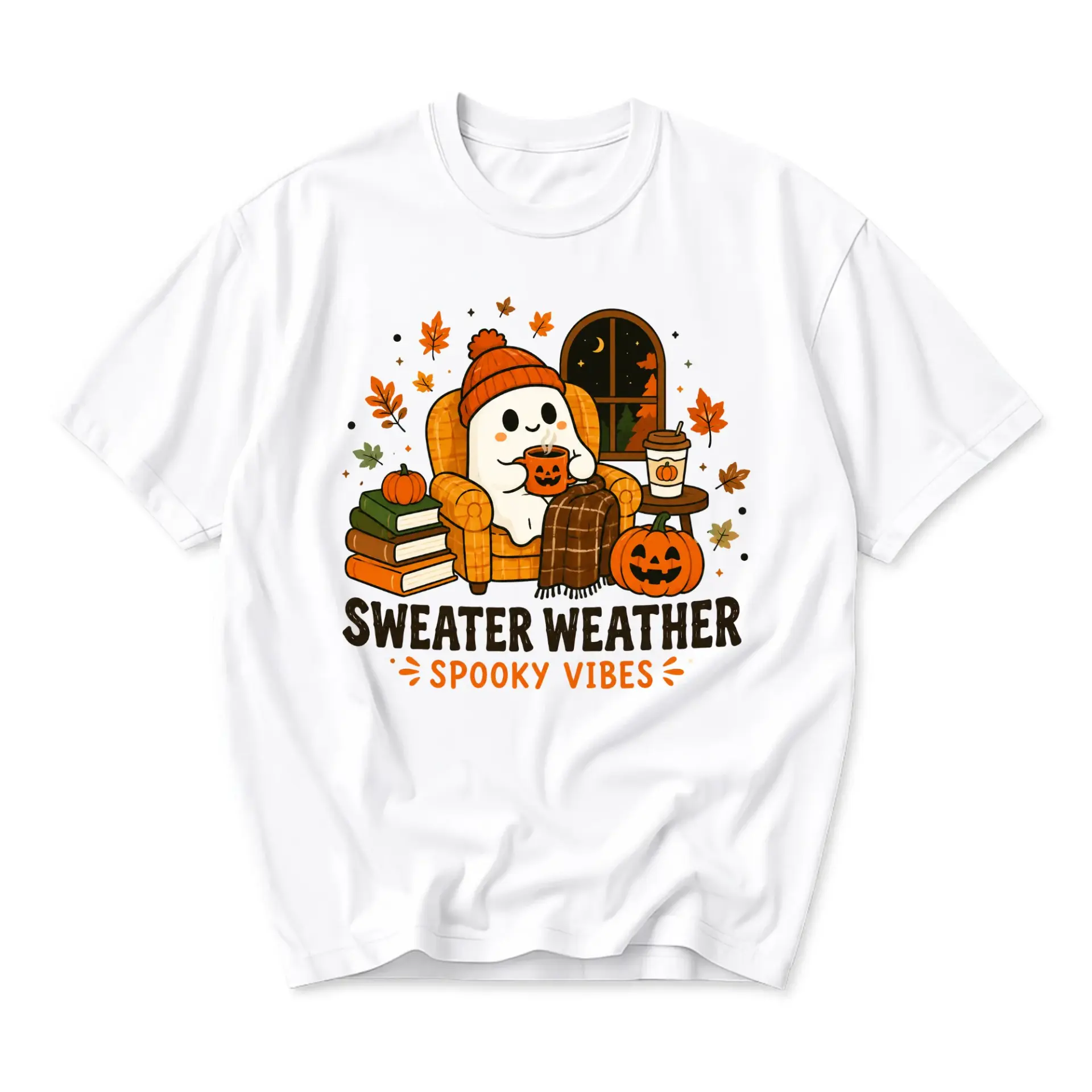 Graphic Tee Sweater Weather Spooky Vibes Cute Ghost Illustration Print Unisex Crew Neck Casual Cotton T-Shirt