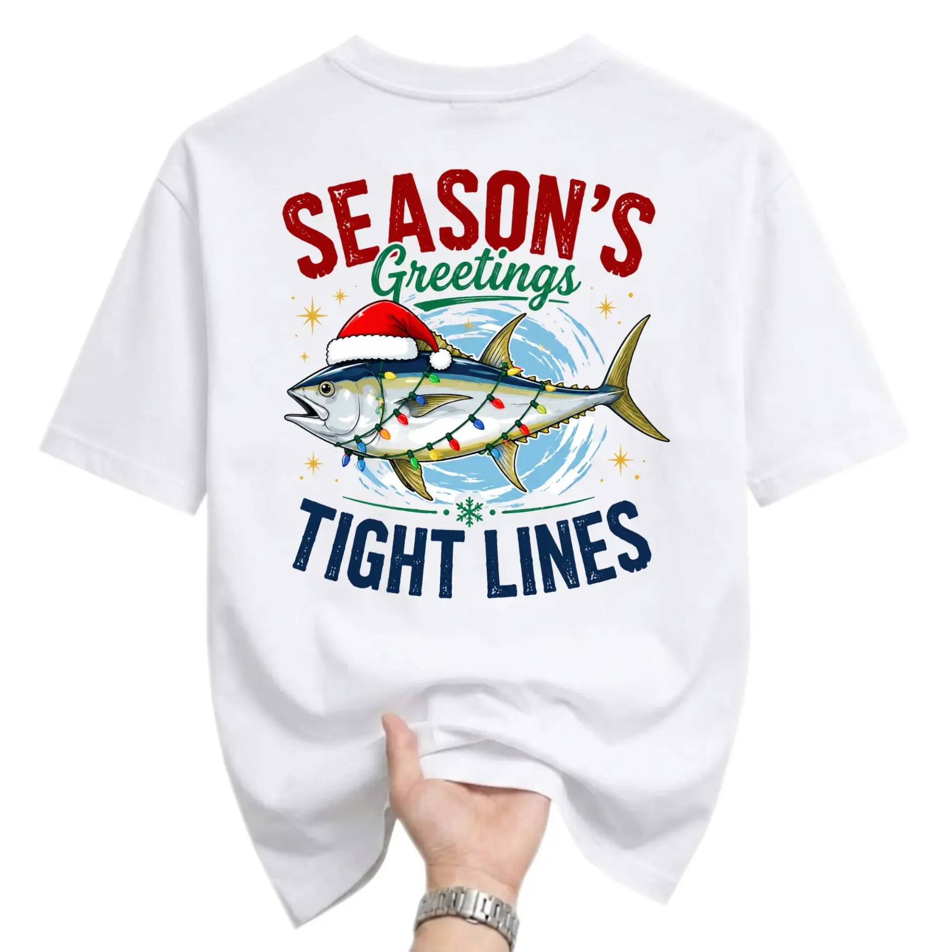 Funny Shirt Season's Greetings Fishing Graphic Tee Holiday Inspired Unisex Short Sleeve Crew Neck T-Shirt