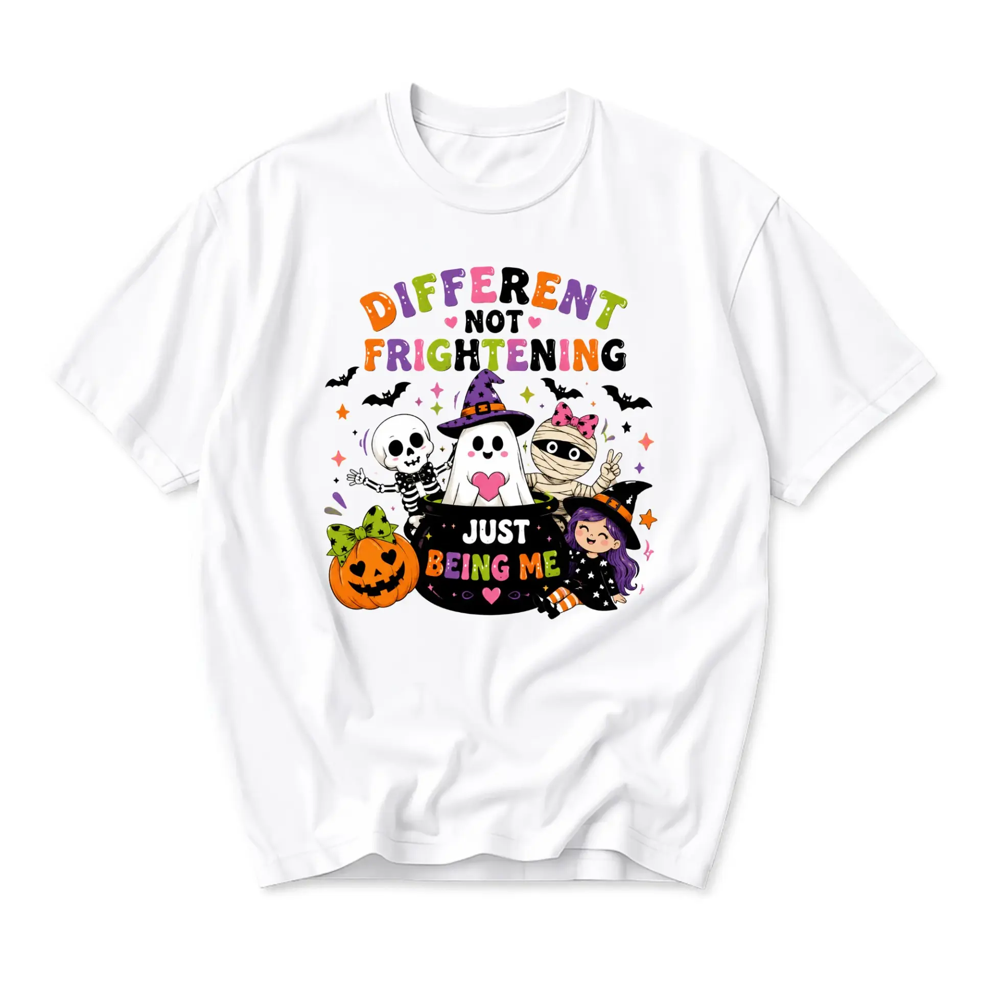 Graphic Tee Different Not Frightening Just Being Me Cute Halloween Characters Unisex Casual Crew Neck Soft Cotton Shirt