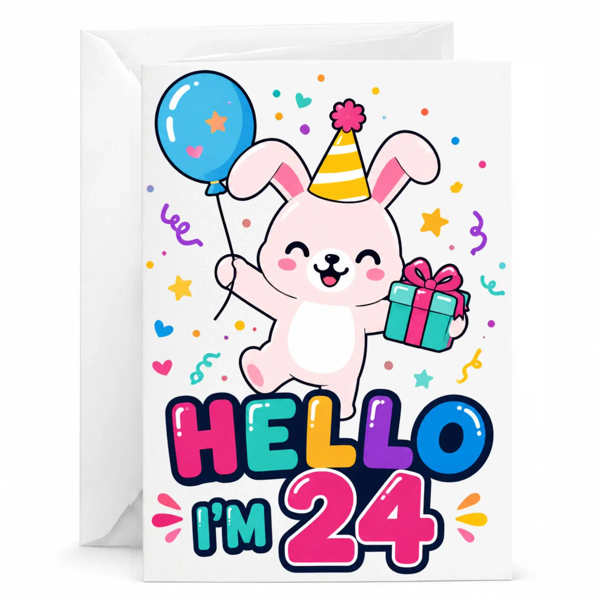 Birthday Card 24th Birthday Greeting Card Cute Pink Bunny Design with Balloon and Gift Box for Twenty Fourth Birthday