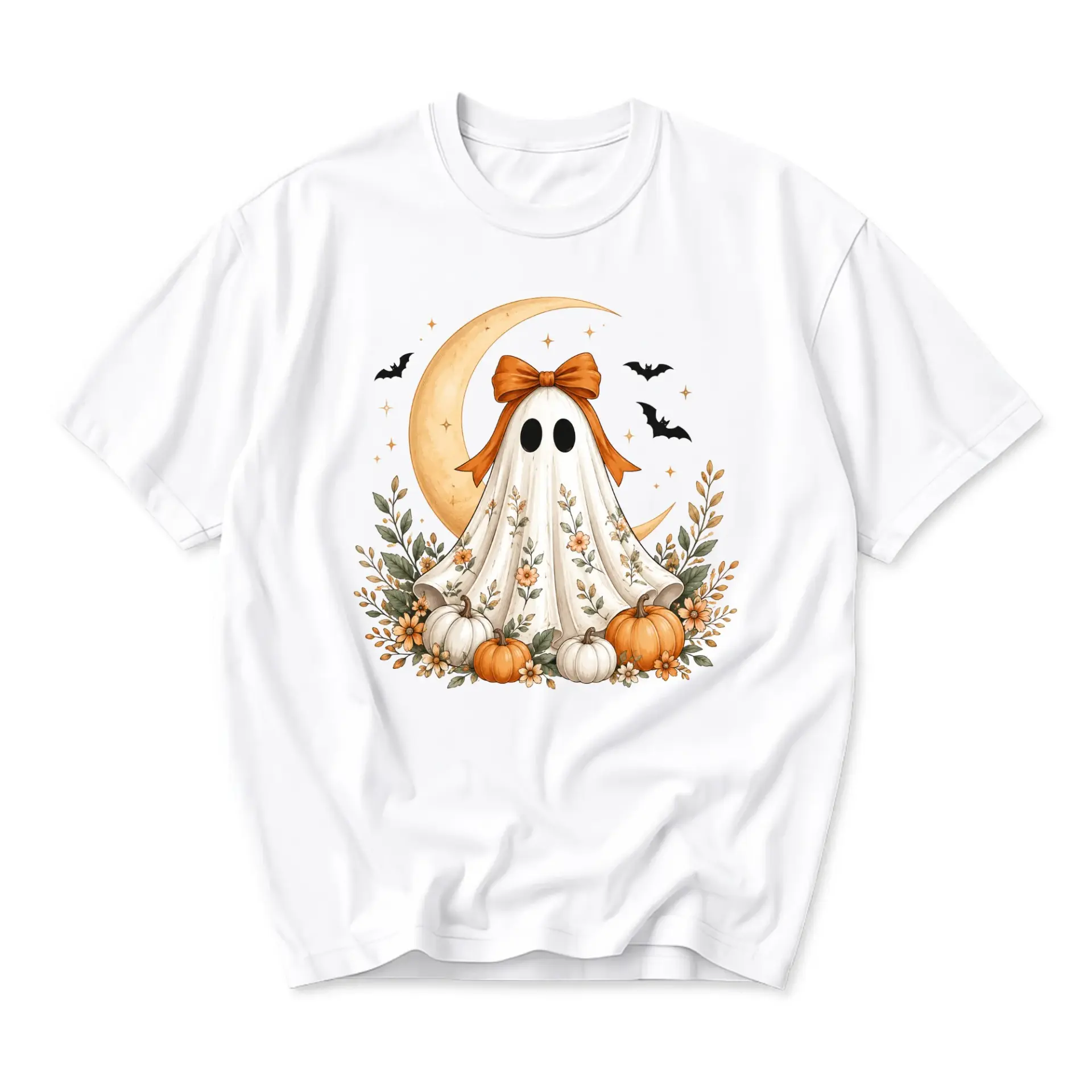 Graphic Tee Ghost with Bow and Pumpkins Floral Autumn Design Unisex Short Sleeve Crew Neck Cotton Casual T-Shirt