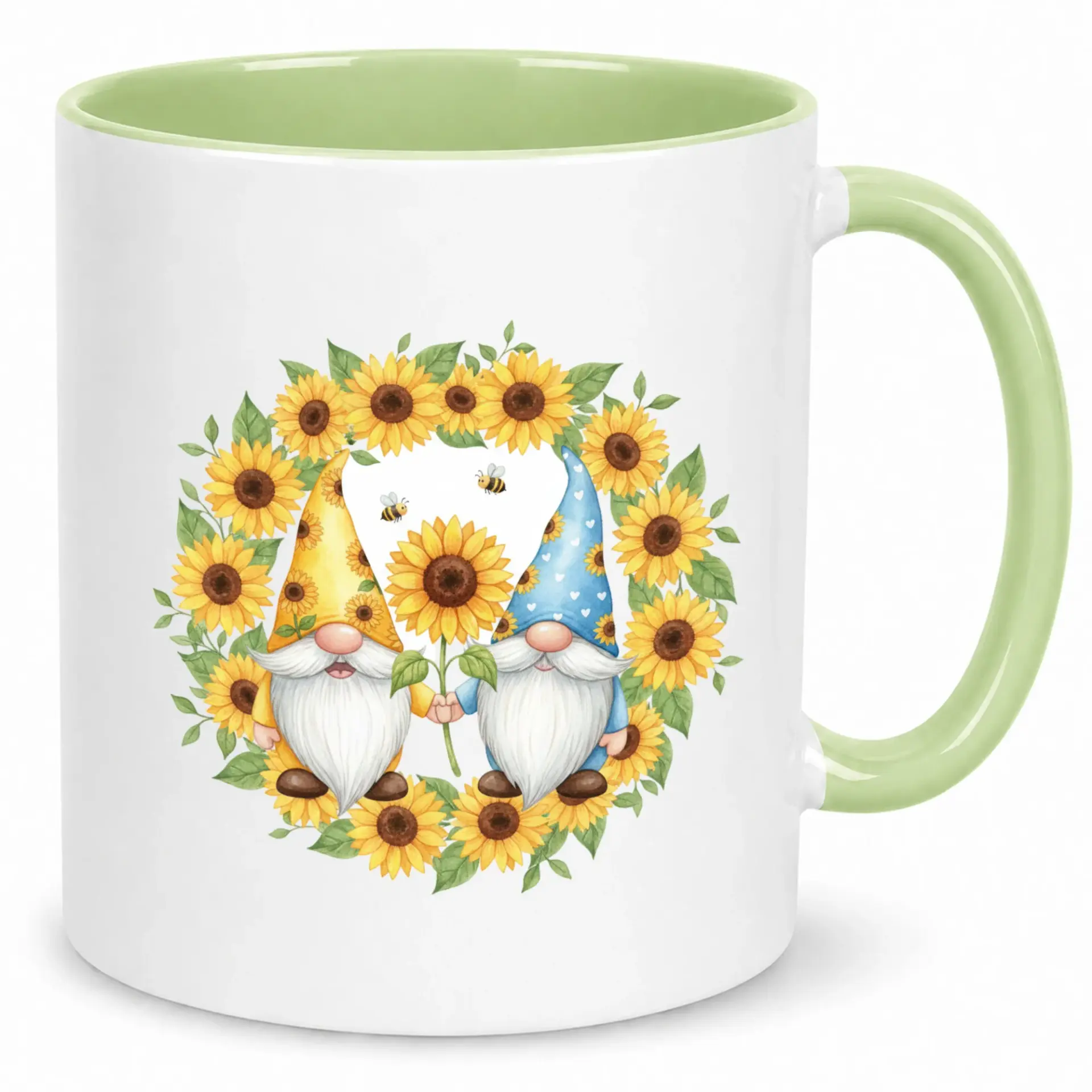 Gnome Couple Sunflower Ceramic Coffee Mug, 11oz or 15oz White Ceramic Drinkware with Green Handle, Charming Floral Bee Design for Home Office Gift