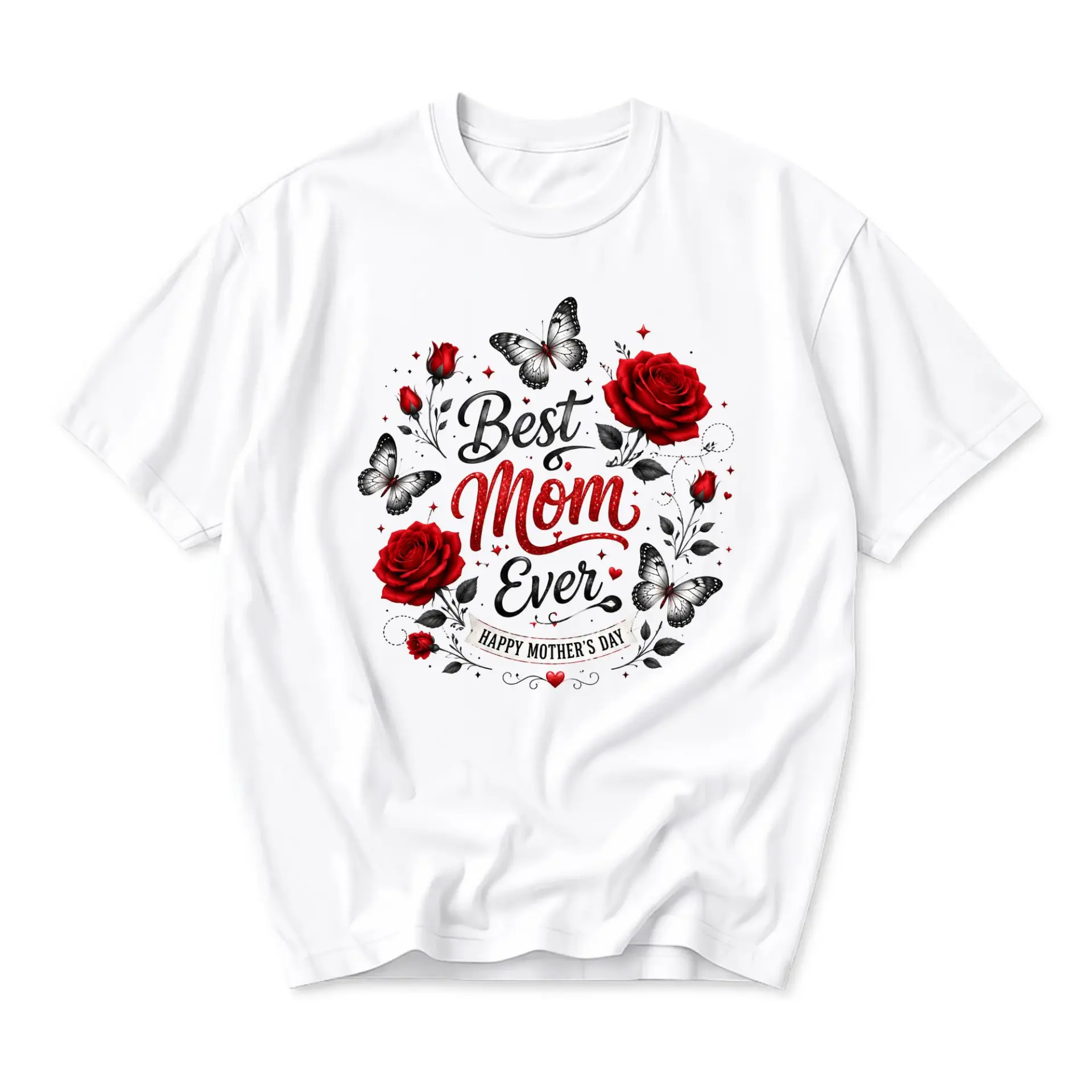 Graphic Tee Best Mom Ever Floral Butterfly Design Unisex Crew Neck Short Sleeve Shirt for Casual Daily Wear Apparel