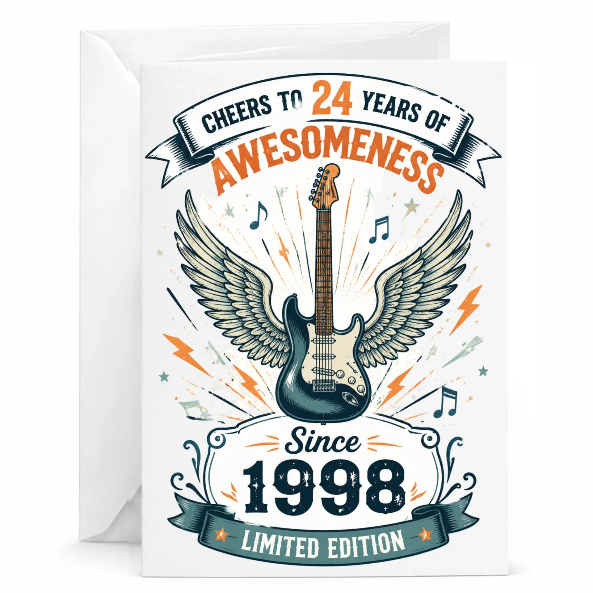 Birthday Card 24th Birthday Gift for Music Lover Vintage Guitar 24 Years Old Celebration Greeting Card