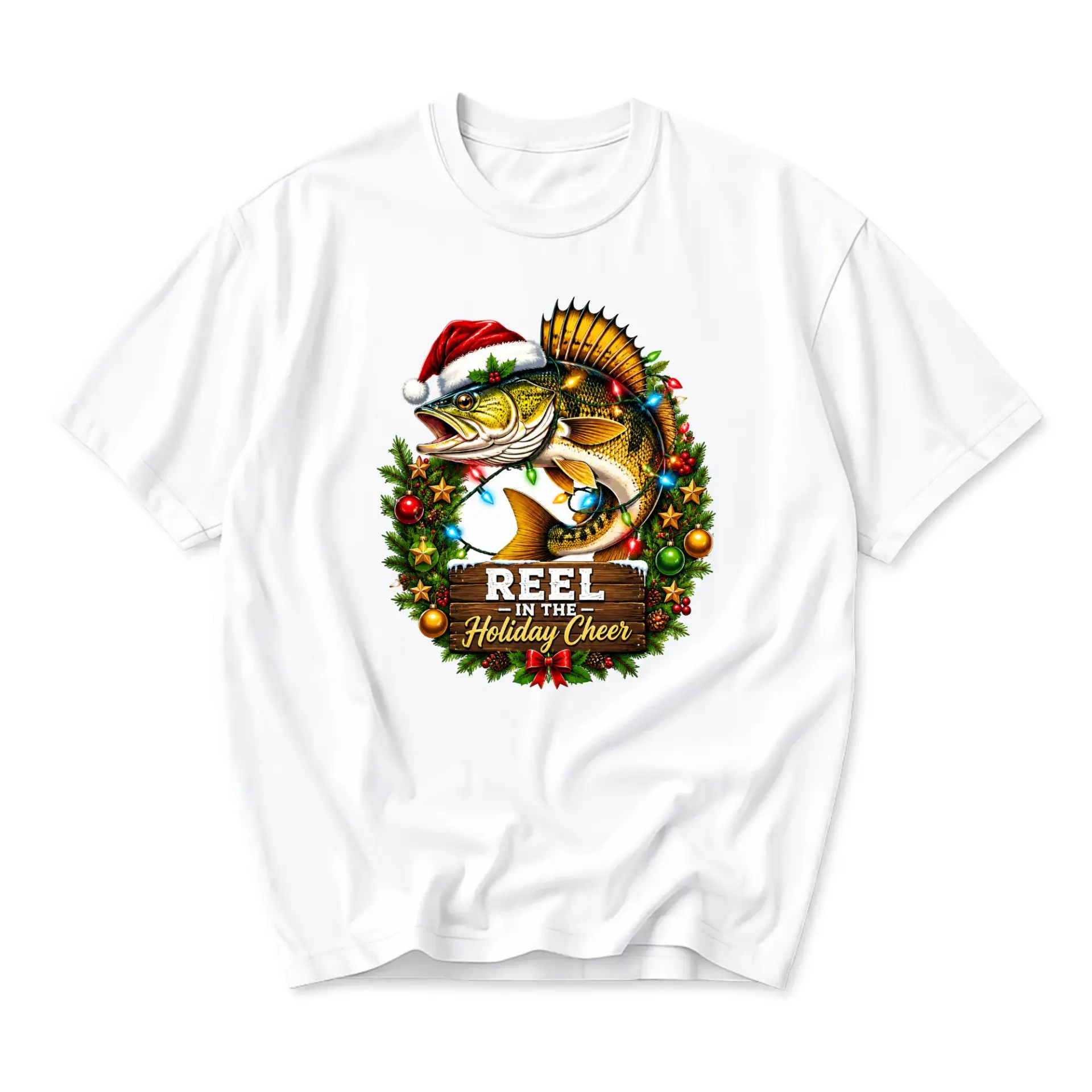 Funny Shirt Reel in the Holiday Cheer Graphic Tee Christmas Fishing Enthusiast Casual Unisex Crew Neck Apparel
