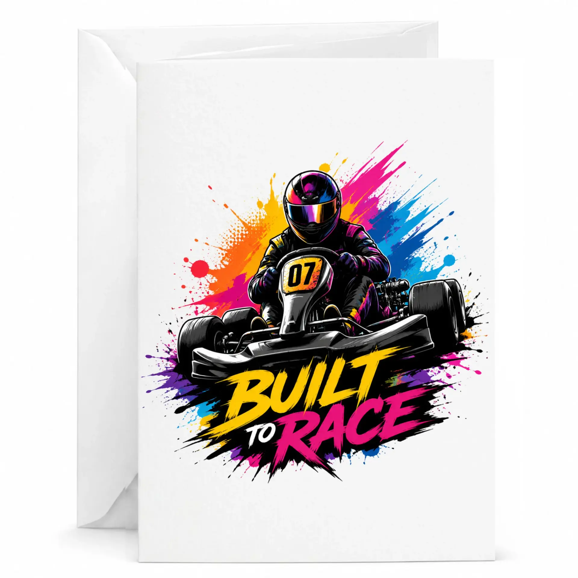 Greeting Card Built to Race Go Kart Driver Design Premium Folded Cardstock for Motorsports Enthusiasts and Racers
