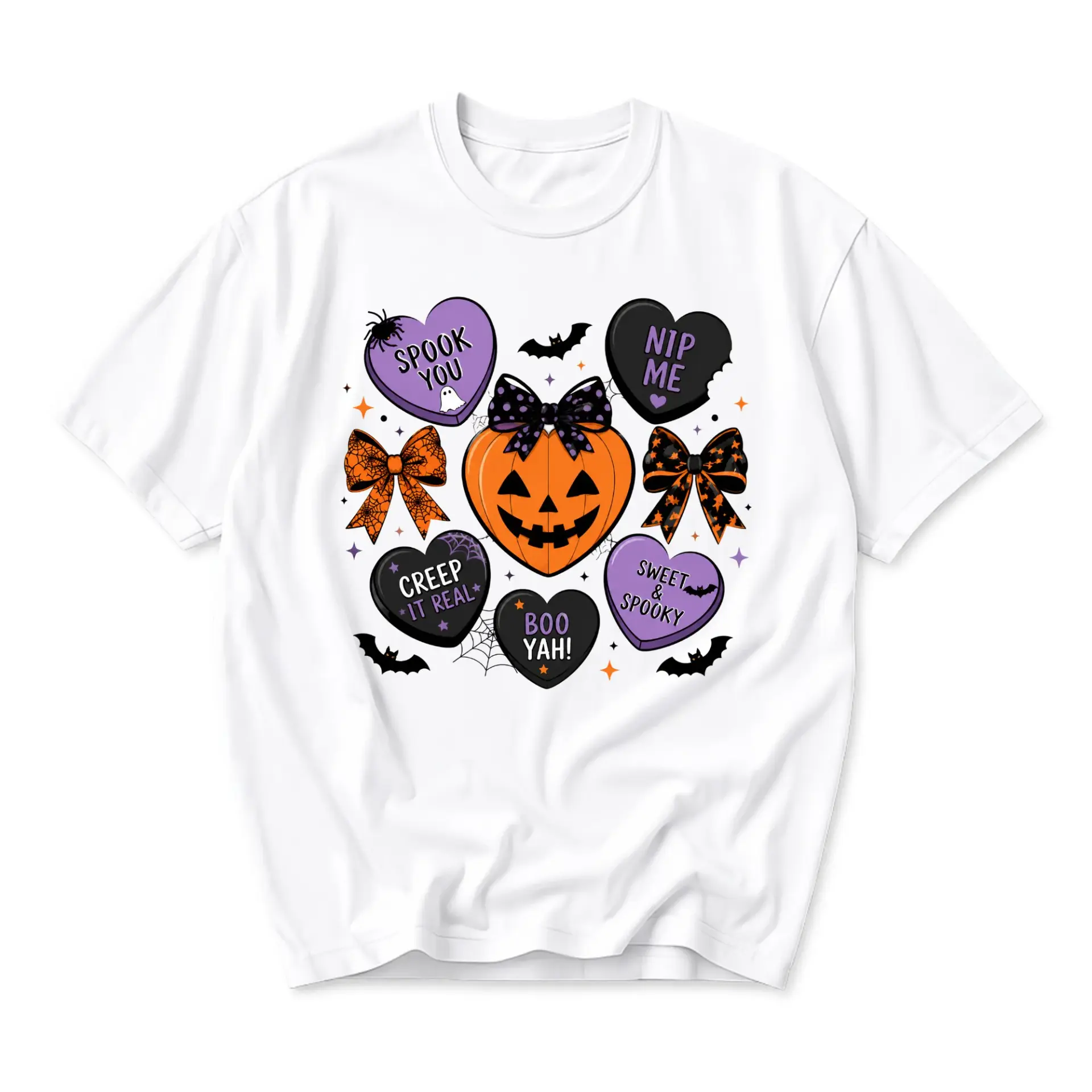 Funny Shirt Unisex Graphic Printed T-Shirt Spooky Candy Hearts Halloween Design Casual Crew Neck Apparel White