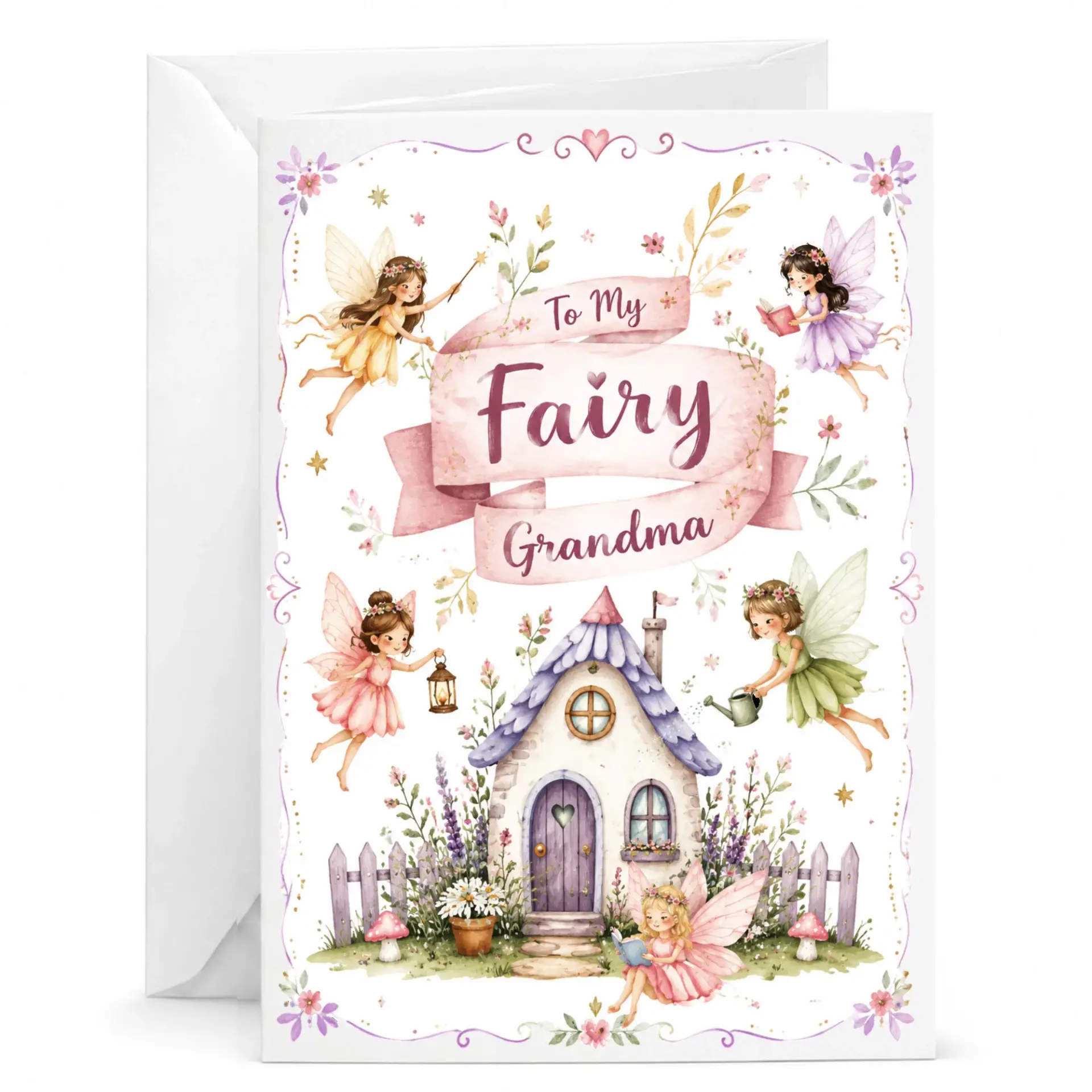 Greeting Card Fairy Grandma Beautiful Watercolor Illustration Floral Theme Folded Stationery with White Envelope