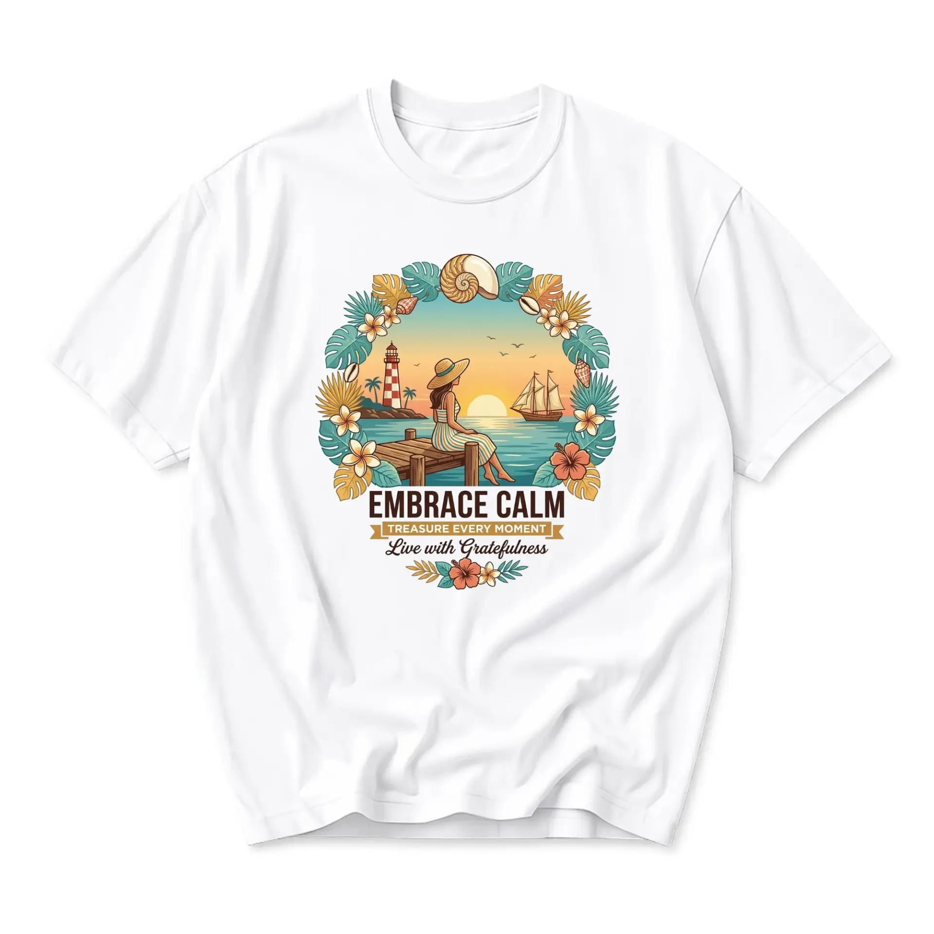 Graphic Tee Embrace Calm Beach Sunset Coastal Scene Printed Unisex Casual Crew Neck Comfortable Summer Cotton Shirt