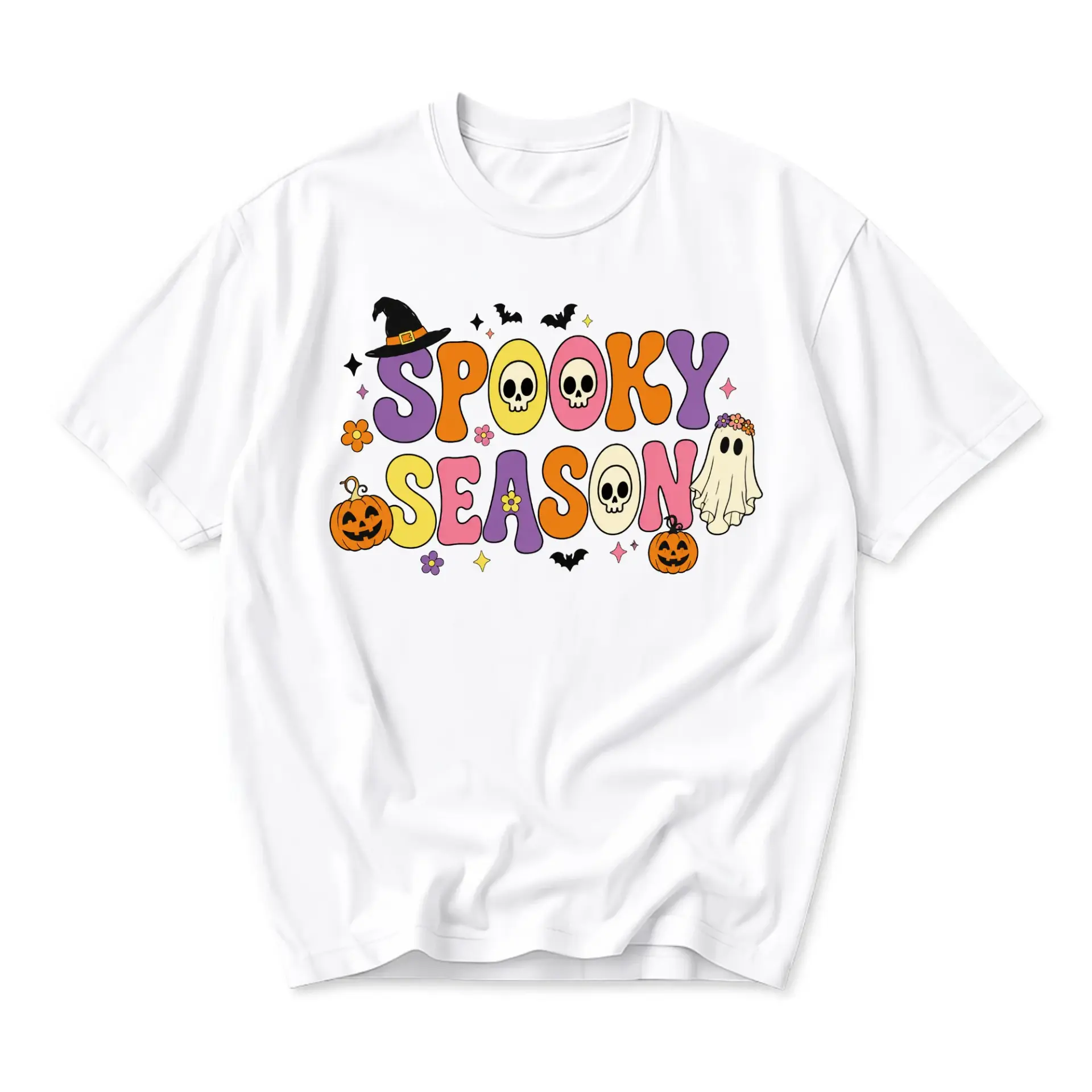 Funny Shirt Spooky Season Retro Graphic Tee Casual Halloween Unisex Crew Neck Cotton Blend Soft Breathable Everyday Top