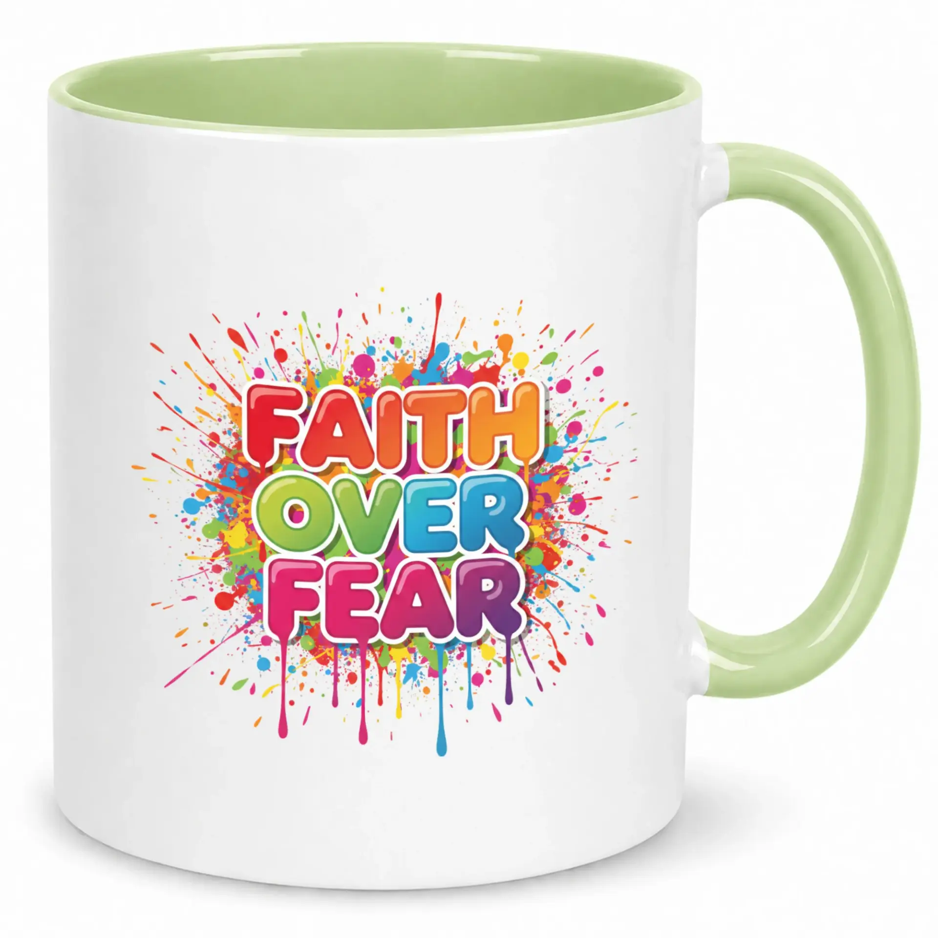 Inspirational Faith over Fear Ceramic Coffee Mug with Paint Splatter Design Motivational Beverage Cup for Home or Office
