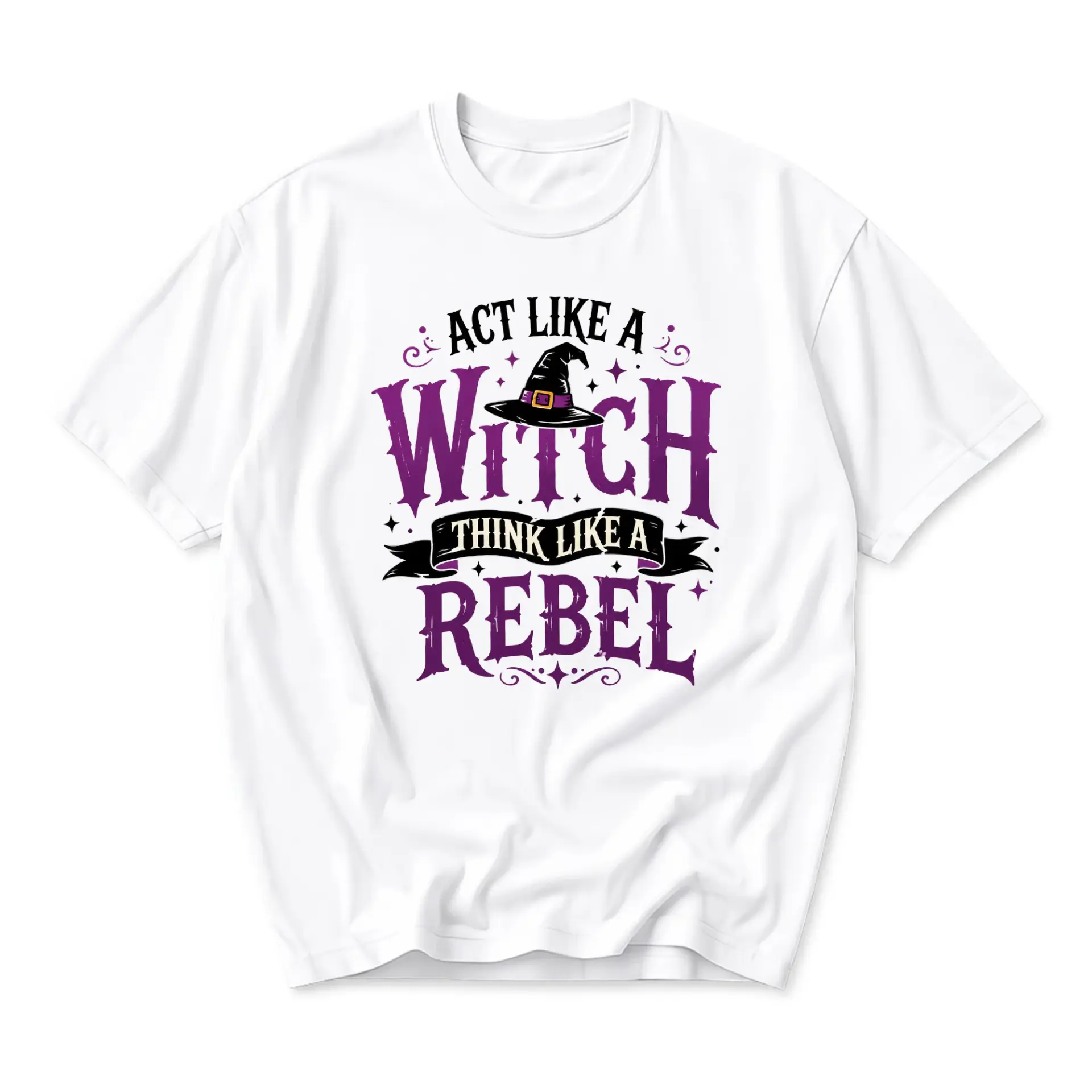 Funny Shirt Act Like a Witch Think Like a Rebel Graphic Tee Casual Short Sleeve Cotton Blend Unisex Crew Neck Top