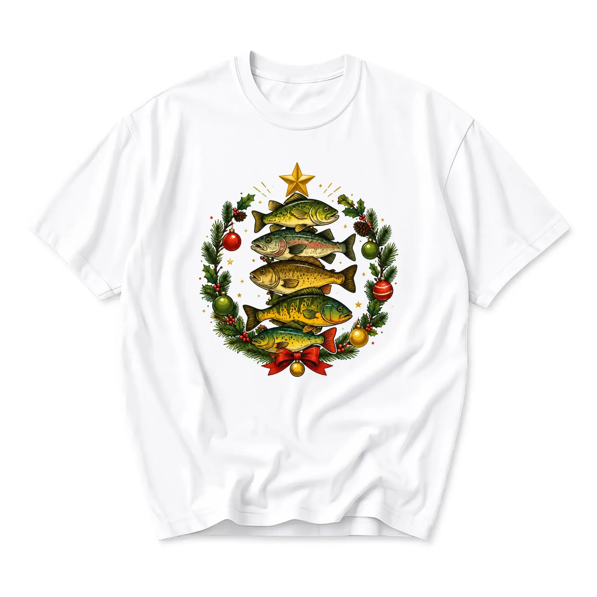 Graphic Tee Christmas Fishing Tree Print Unisex Crew Neck Shirt for Outdoor