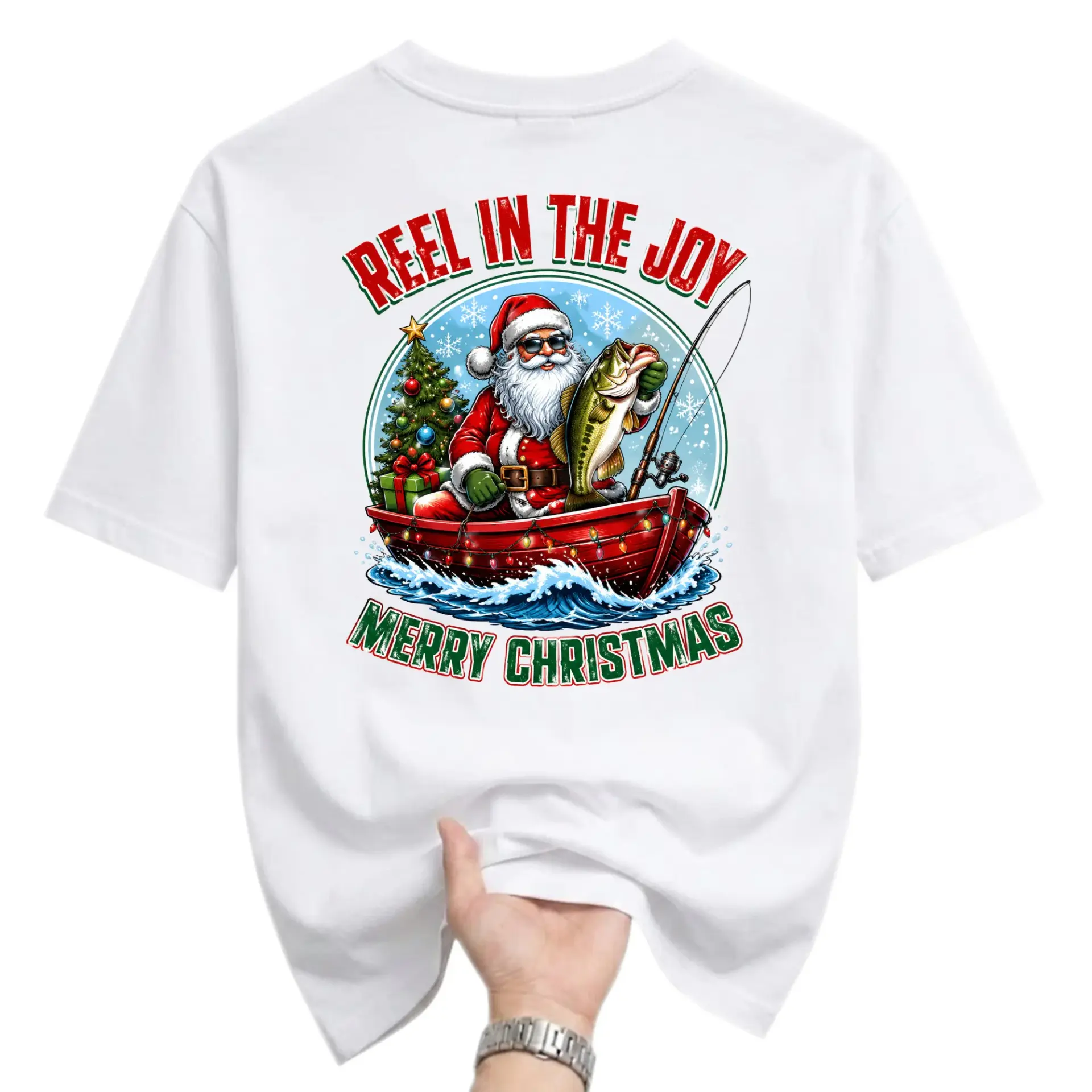 Funny Shirt Reel in the Joy Santa Fishing Graphic Tee Holiday Seasonal