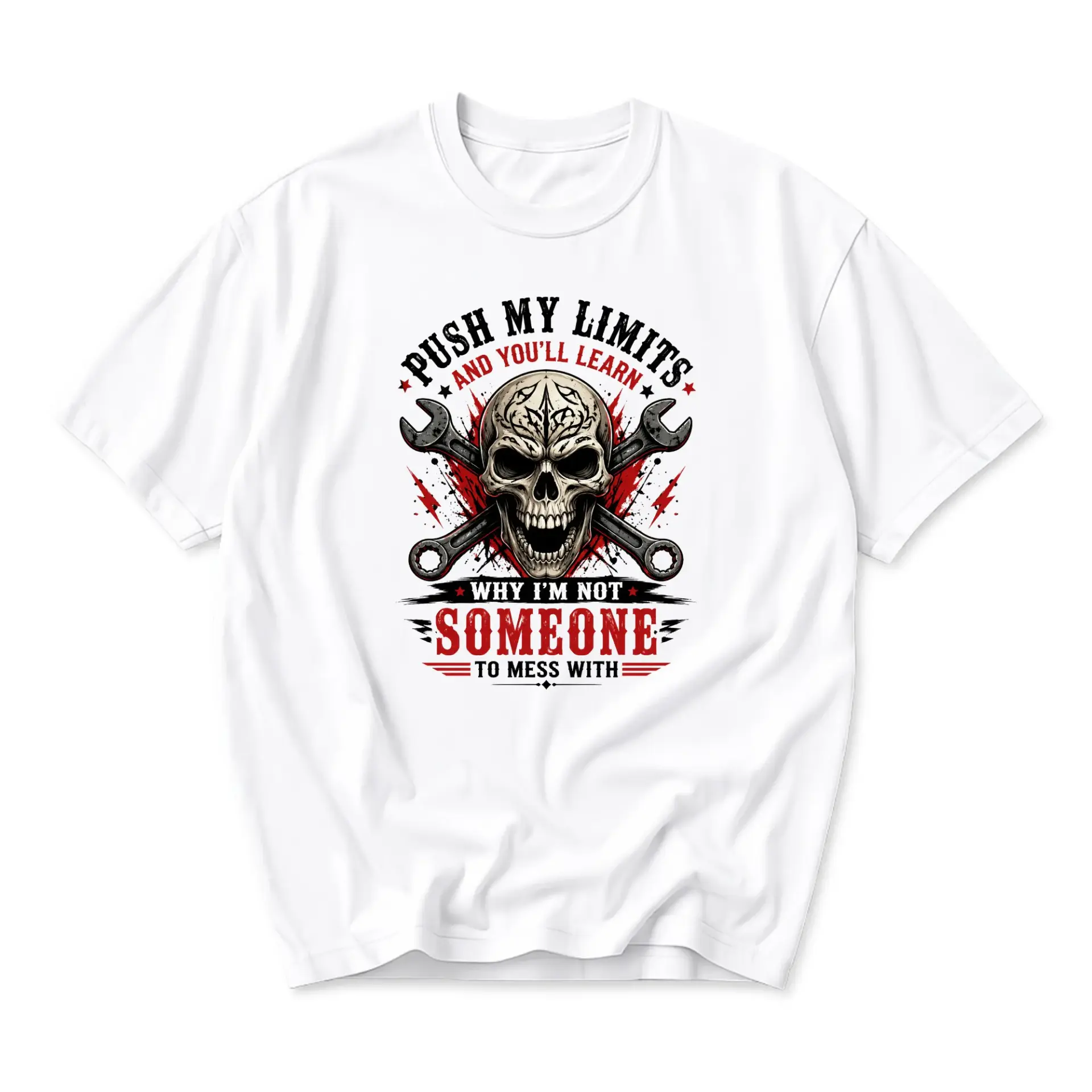 Funny Shirt Push My Limits Skull and Wrench Graphic Tee Unisex Casual Crew Neck Comfortable Cotton Blend Top
