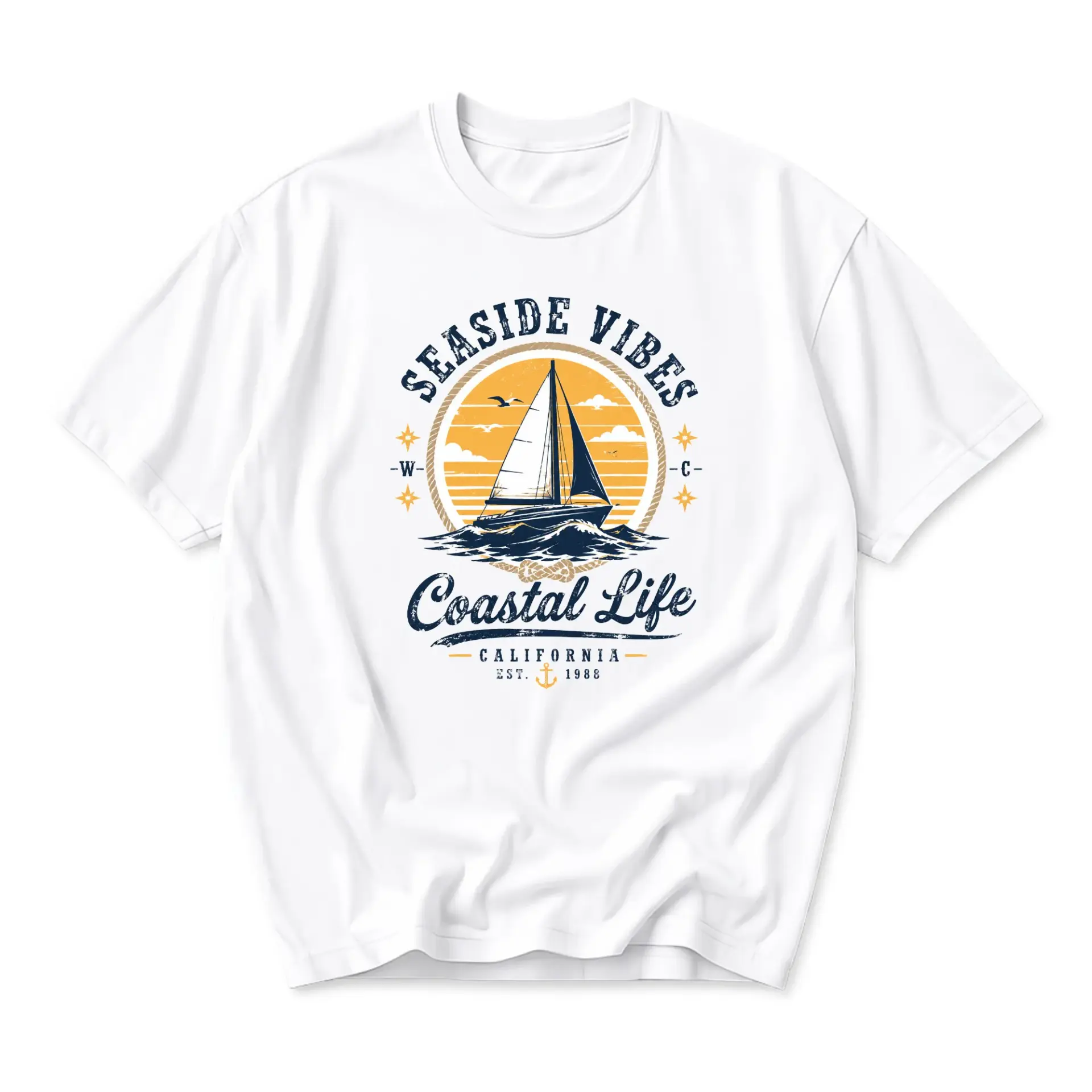 Graphic Tee Seaside Vibes Coastal Life California Sailboat Print Unisex Casual Everyday Crew Neck Cotton Shirt