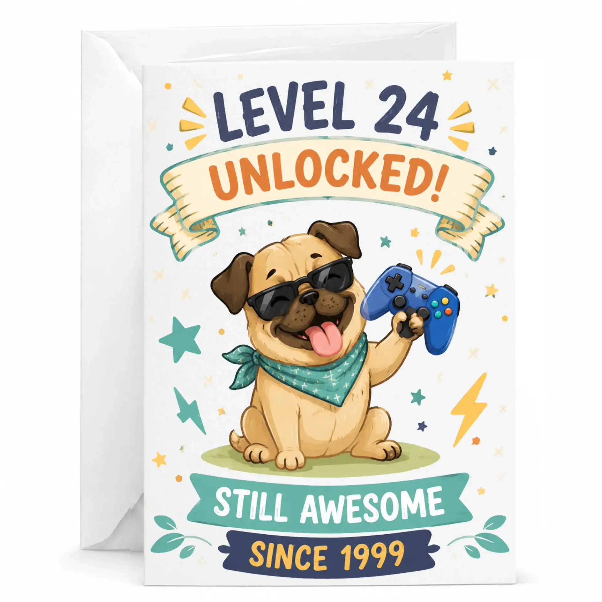 Birthday Card Funny Pug Gamer Level 24 Unlocked Greeting Card for 24th Birthday Celebration Enthusiast 5x7 Inch Note