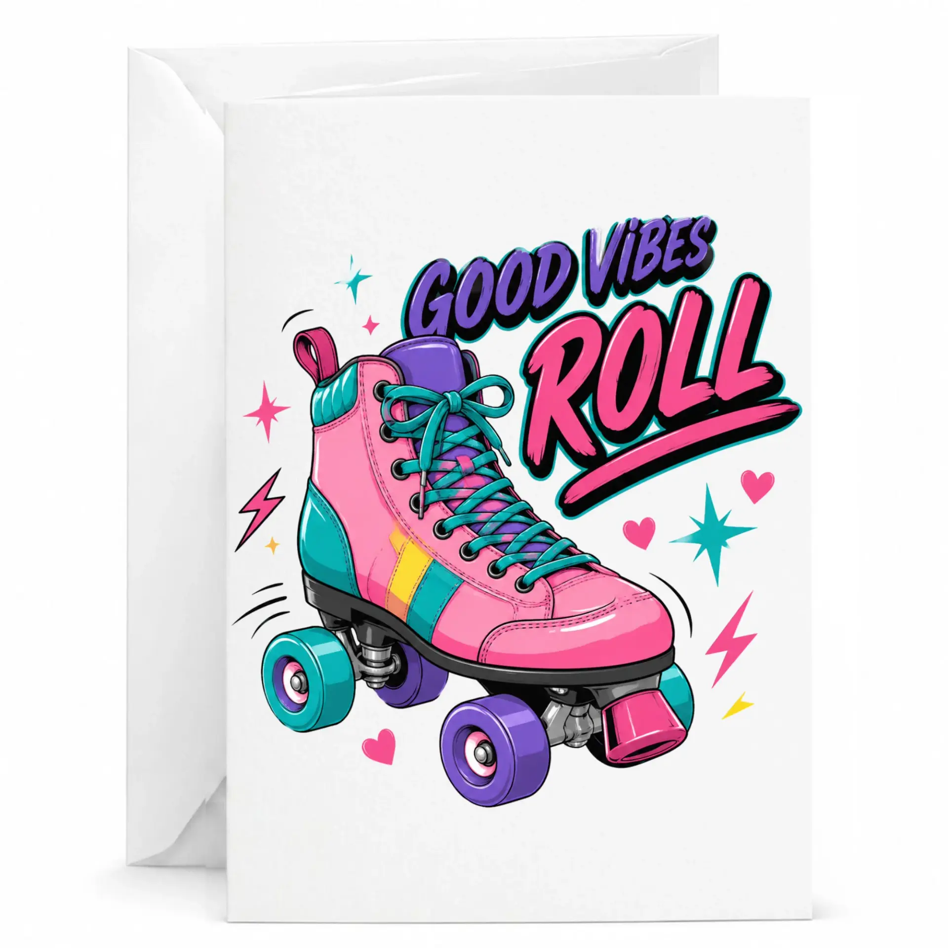 Funny Roller Skate Greeting Card Good Vibes Roll Retro Theme Stationary for Birthdays and Encouragement Note Cards