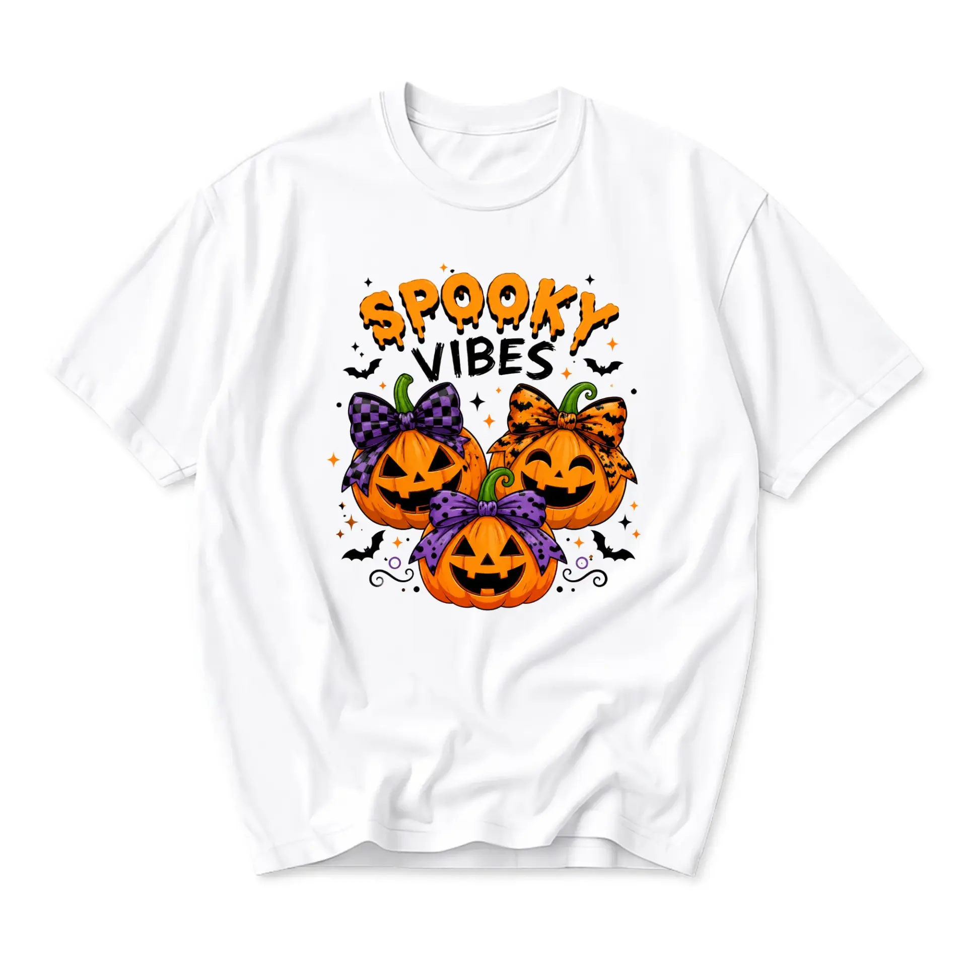 Graphic Tee Spooky Vibes Halloween Pumpkin Shirt Unisex Crew Neck Short Sleeve Casual Cotton Blend Fall Apparel