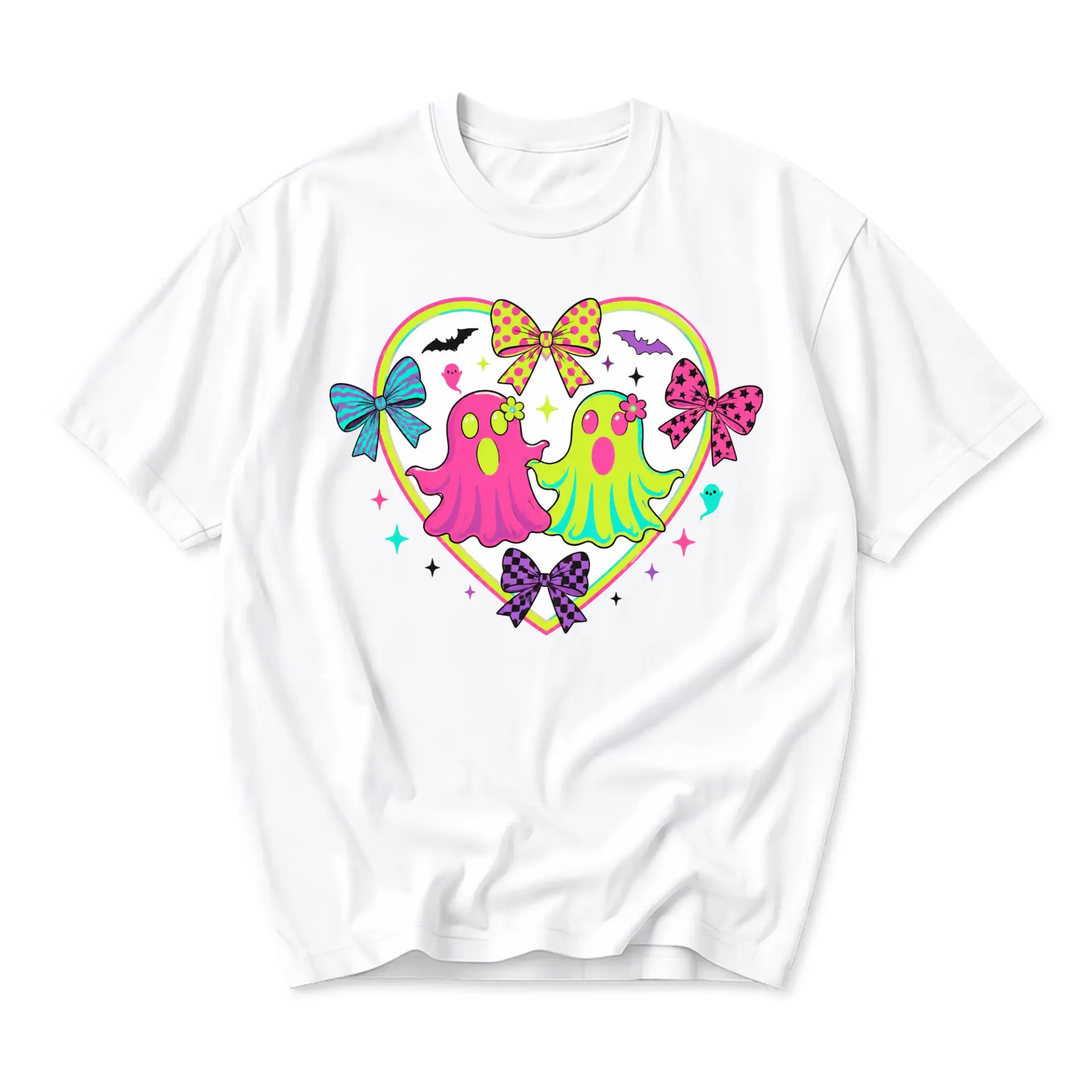 Graphic Tee Unisex Crew Neck T-Shirt Featuring Neon Colorful Ghost Heart Design with Decorative Bow Accents