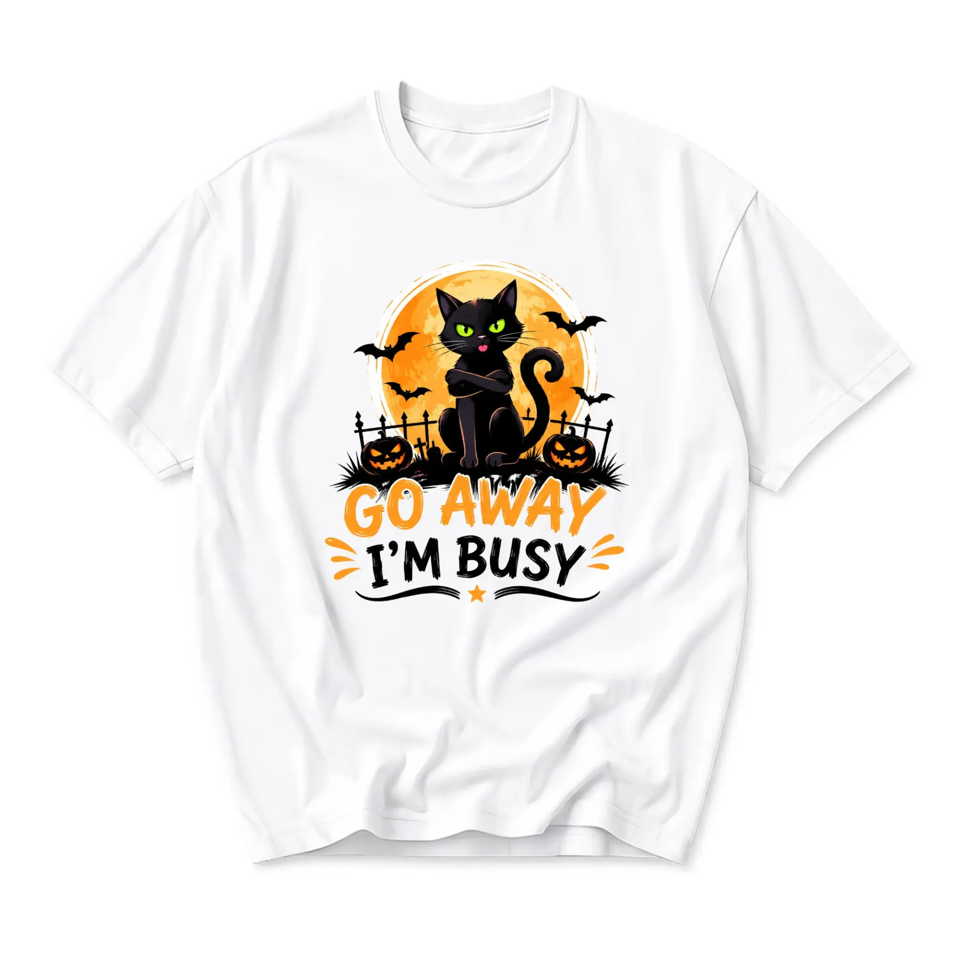 Funny Shirt Go Away I Am Busy Black Cat Halloween Graphic Tee Unisex Crew Neck Comfortable Casual Apparel White T-Shirt