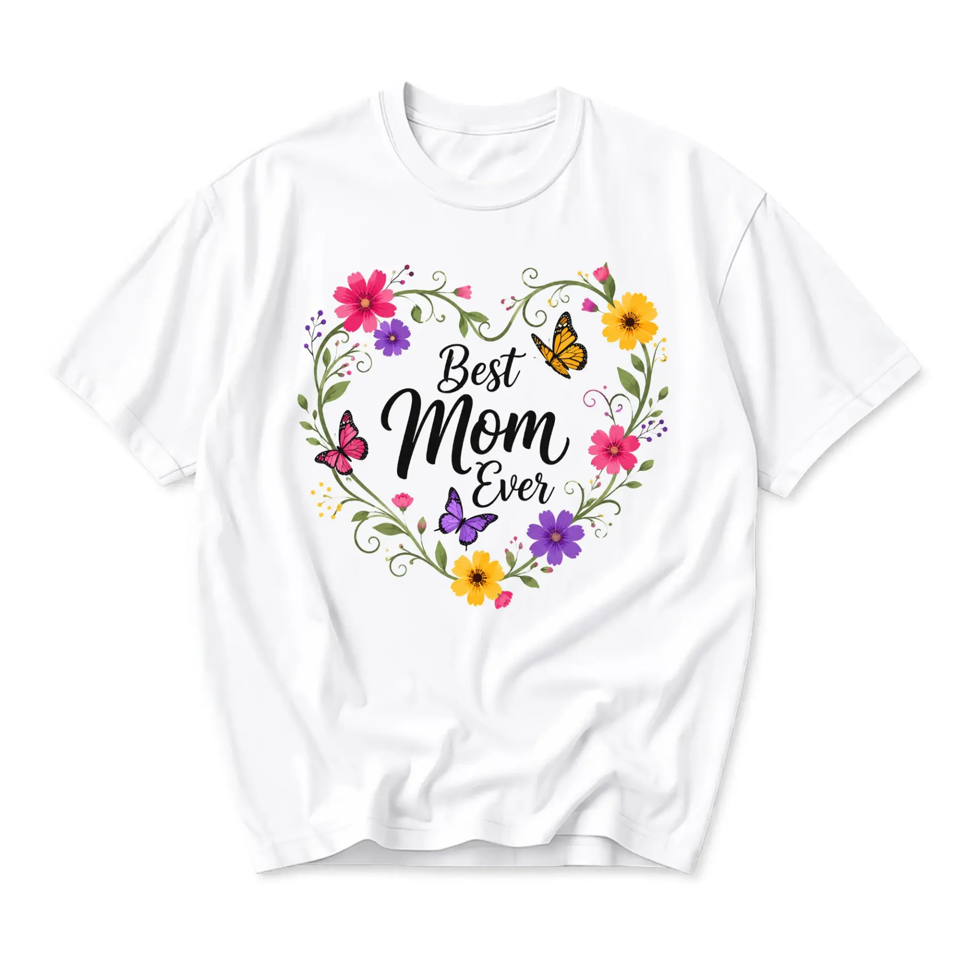 Graphic Tee Best Mom Ever Floral Heart Butterfly Print Unisex Crew Neck