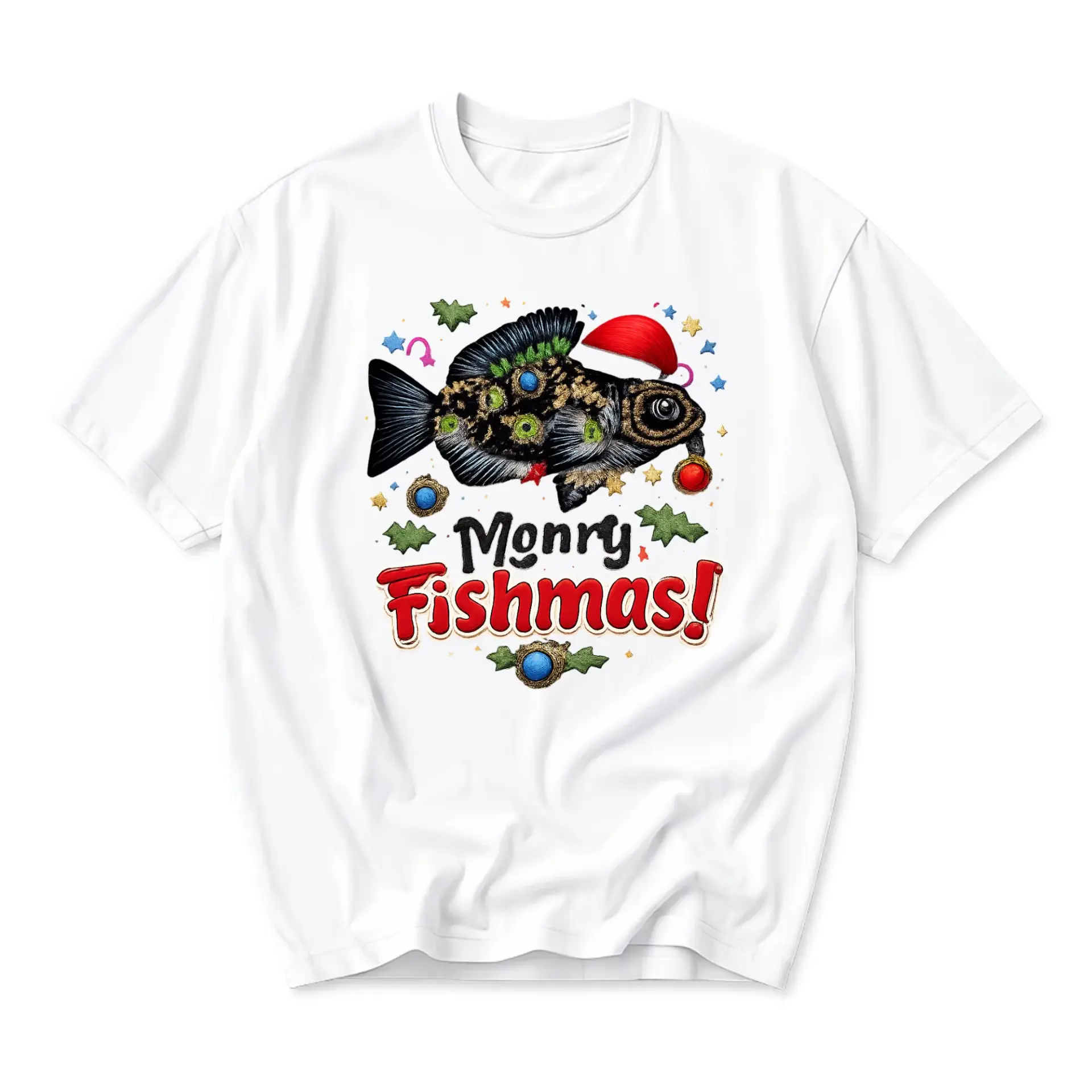Funny Shirt Monry Fishmas Graphic Tee Unisex Holiday Novelty Crewneck Short