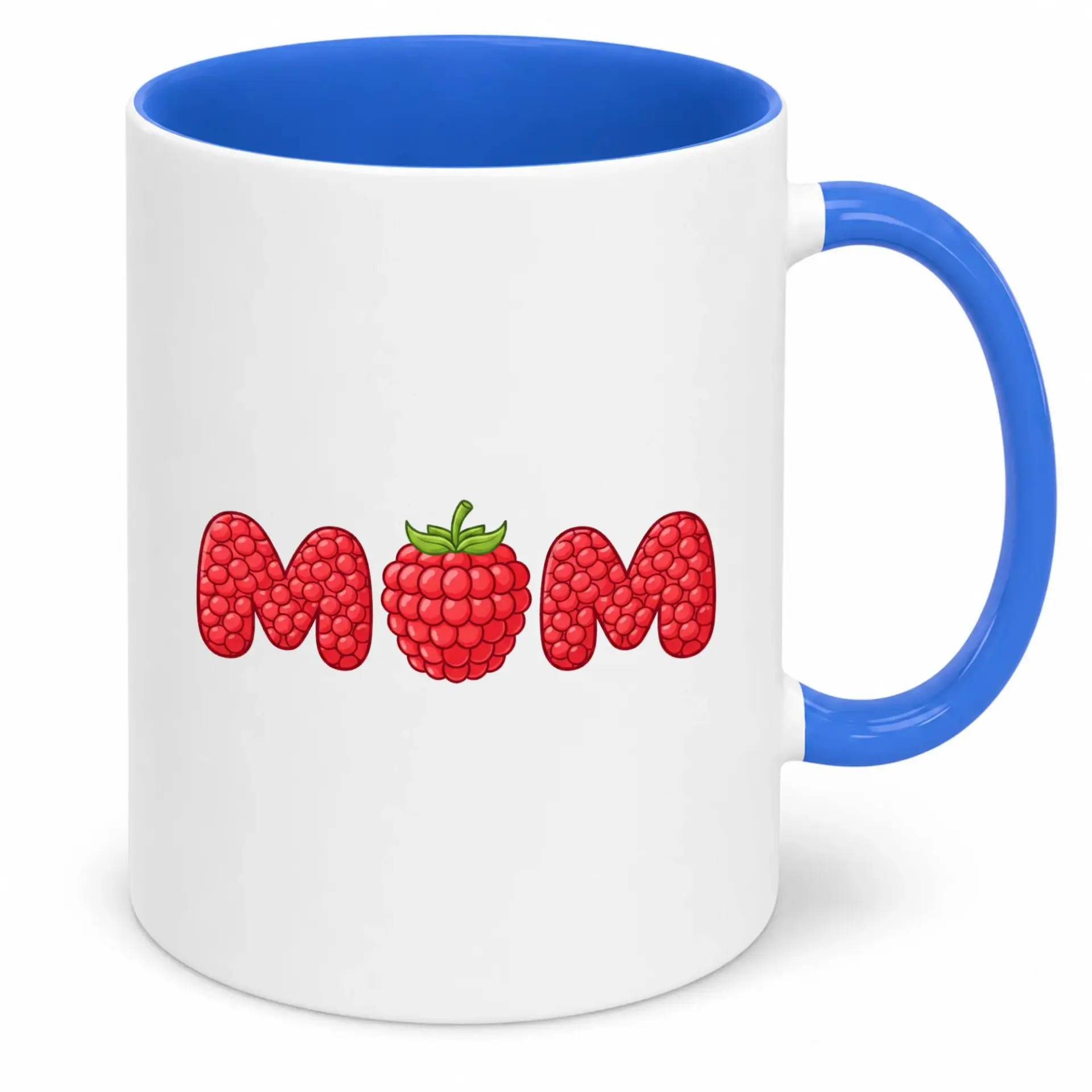 Funny Raspberry Mom Ceramic Coffee Mug with Fruit Design Unique 11 Oz or 15 Oz White Drinkware Blue Handle for Hot Beverages