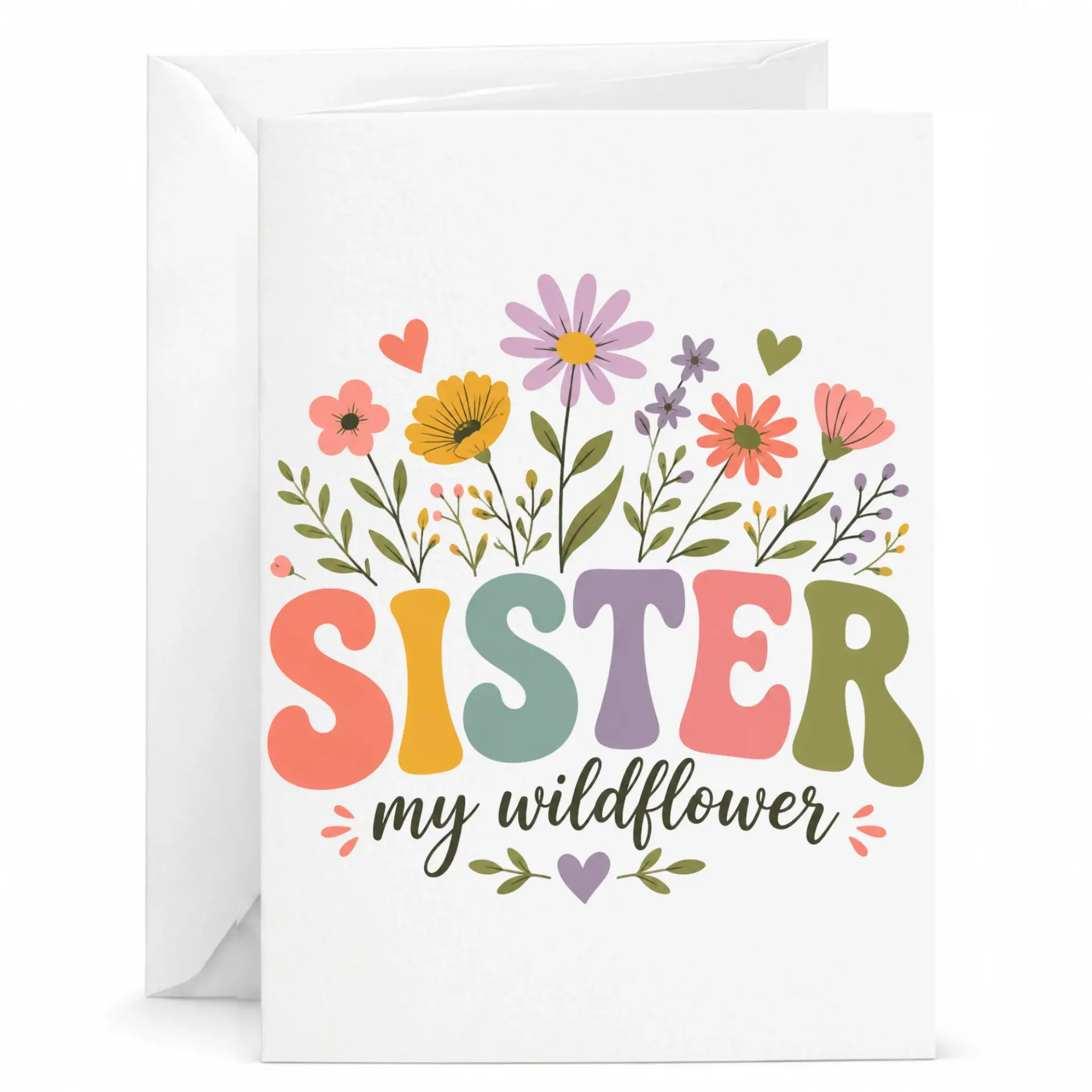 Greeting Card Sister My Wildflower Floral Design Colorful Retro Typography Blank Note with White Envelope