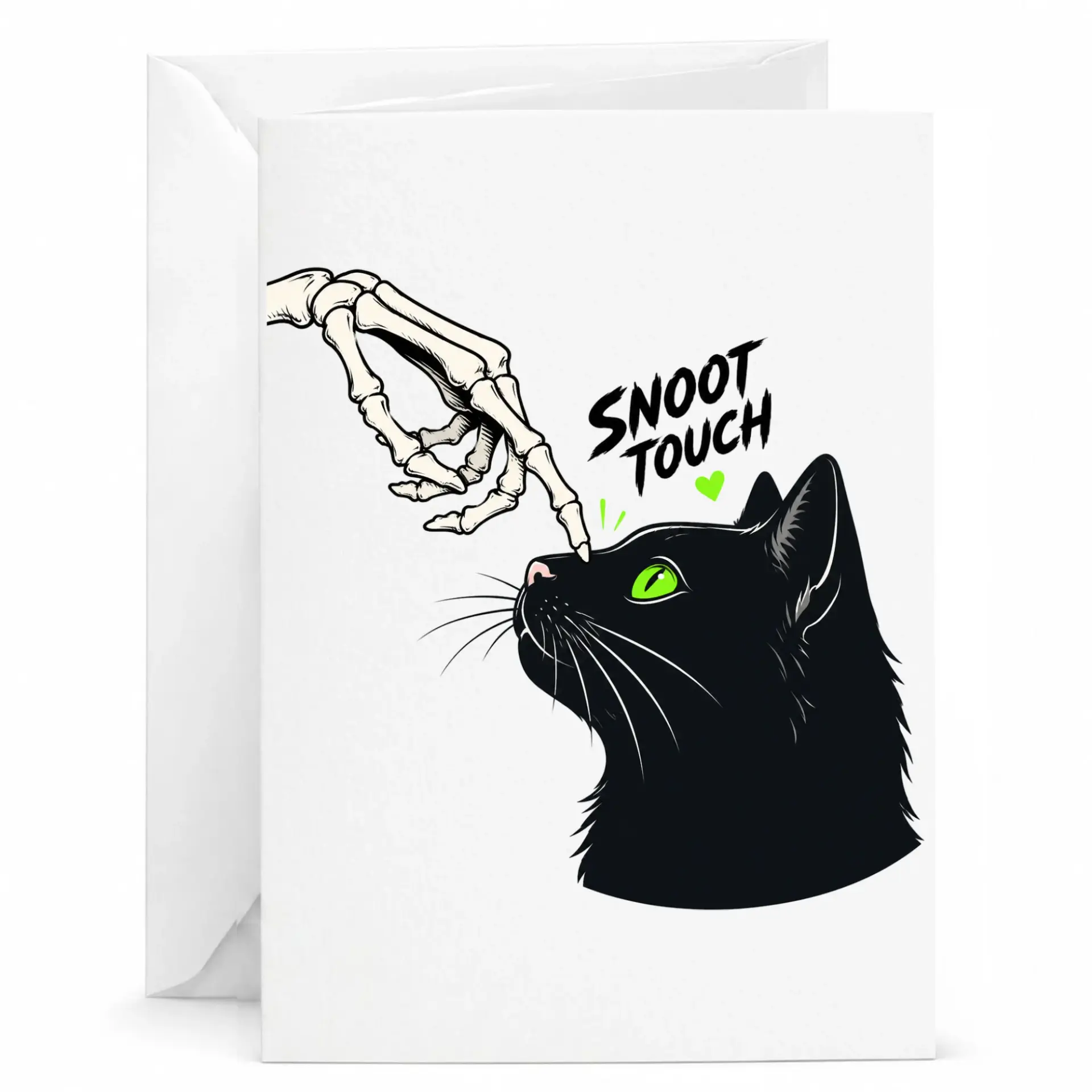 Funny Cat Greeting Card Snoot Skeleton Hand Illustration Whimsical Black Design Blank Note 5x7 Inch