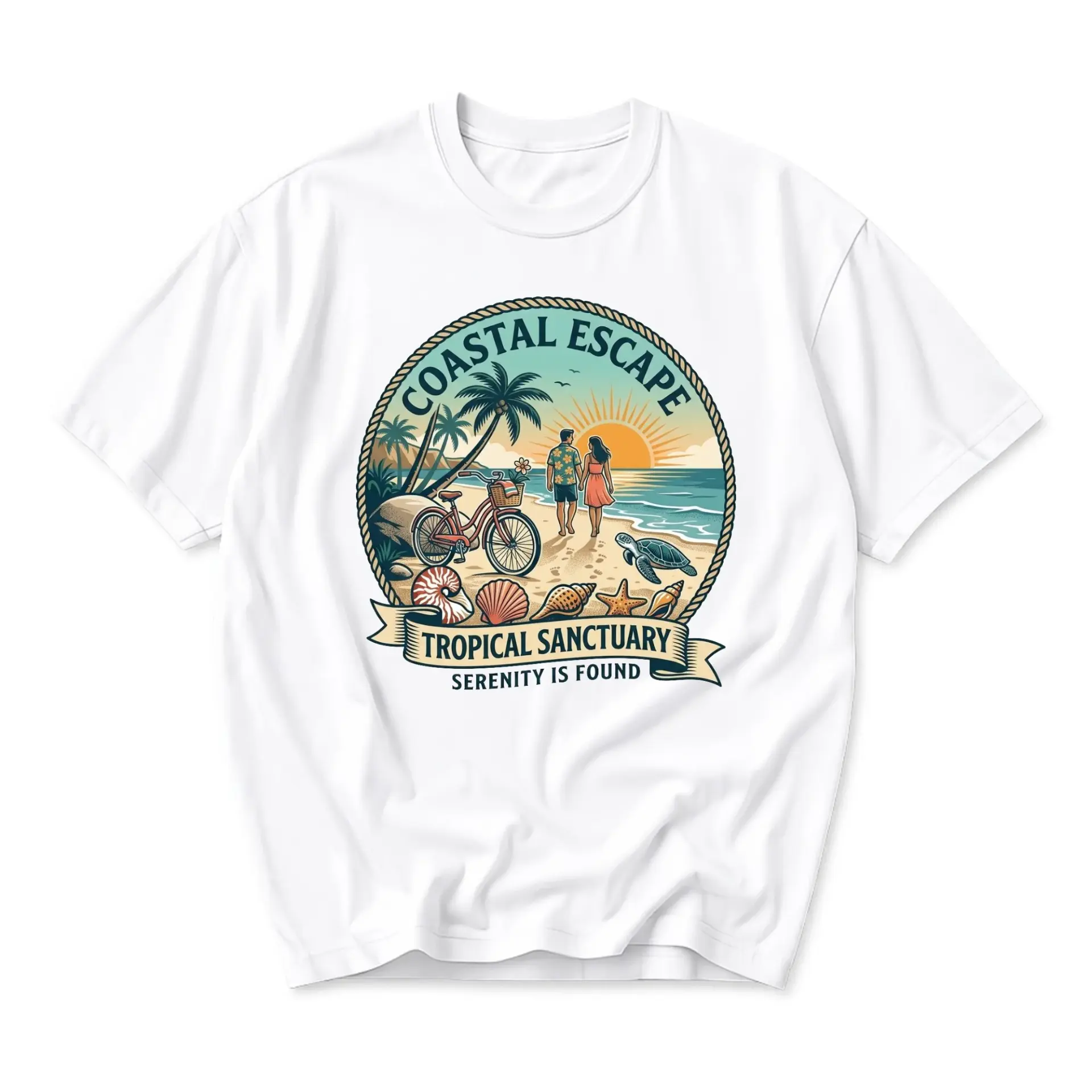 Graphic Tee Coastal Escape Tropical Sanctuary Beach Scene Print Unisex Crew Neck Casual Everyday Summer T-Shirt