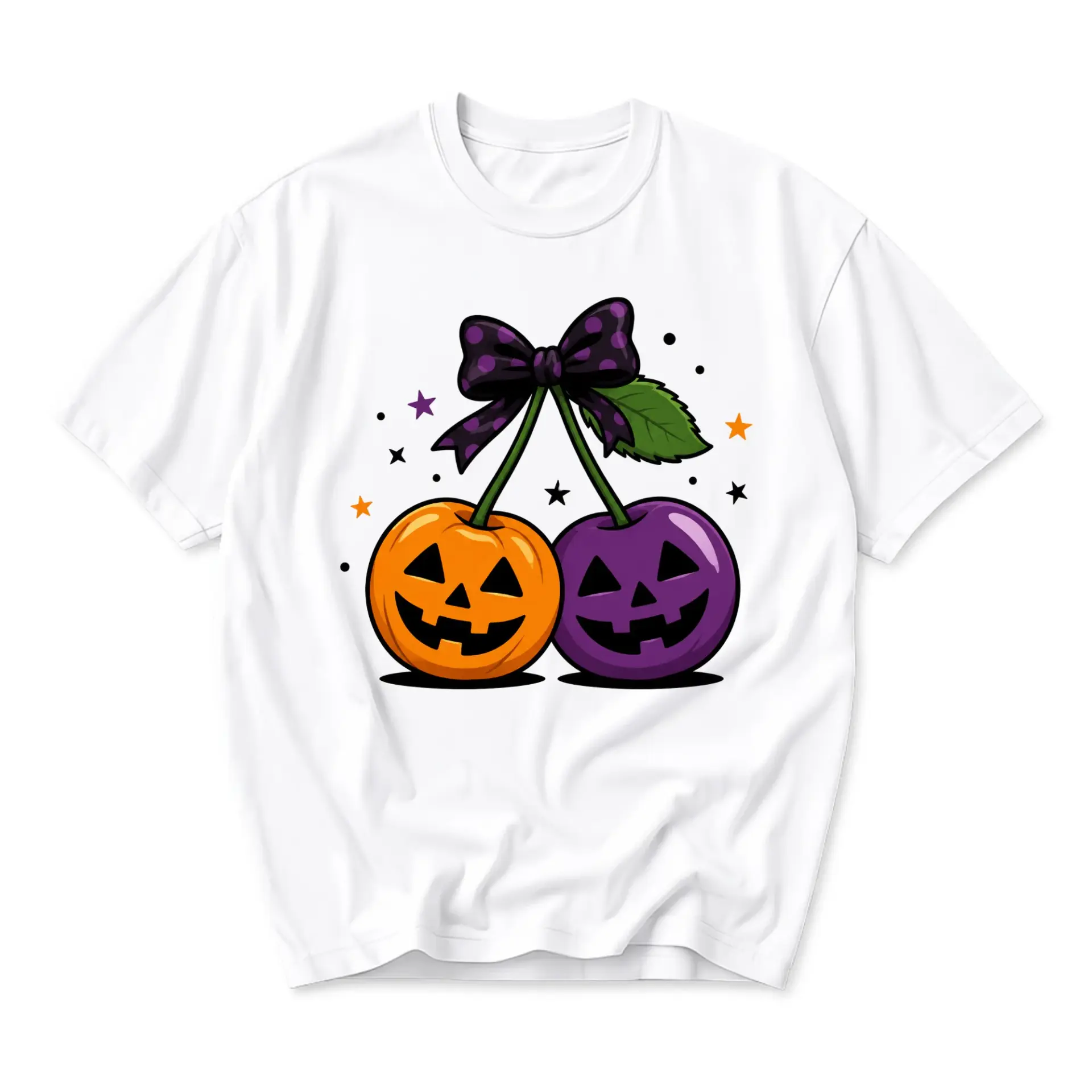 Funny Shirt Halloween Cherry Pumpkin Graphic Tee Unisex Short Sleeve Crew Neck Cotton Blend Casual Holiday Top