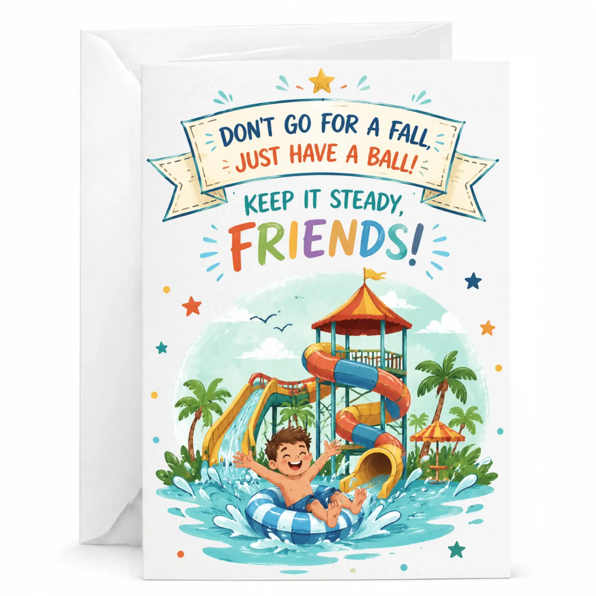 Funny Encouragement Greeting Card with Summer Water Park Theme for Friends and Family Members, 5x7 Inches