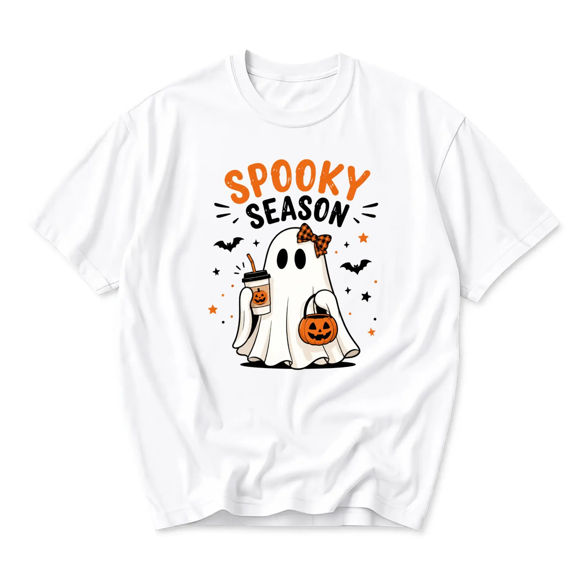 Funny Shirt Spooky Season Ghost Graphic Tee Casual Unisex Crew Neck Top for Fall Autumn Halloween Themed Apparel