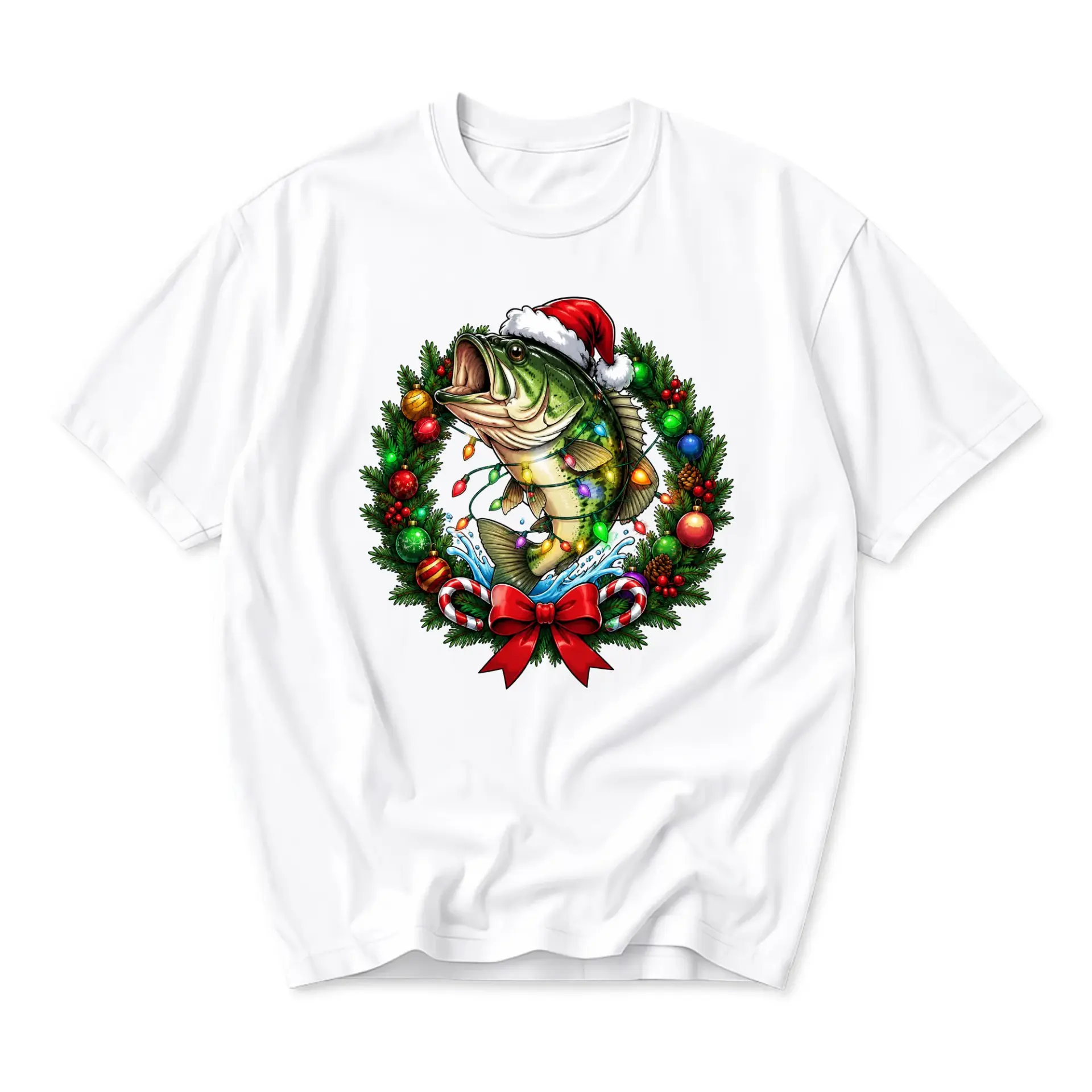 Graphic Tee Unisex Crew Neck T-Shirt Featuring Fish Wearing Santa Hat Wrapped in Christmas Lights Holiday Wreath