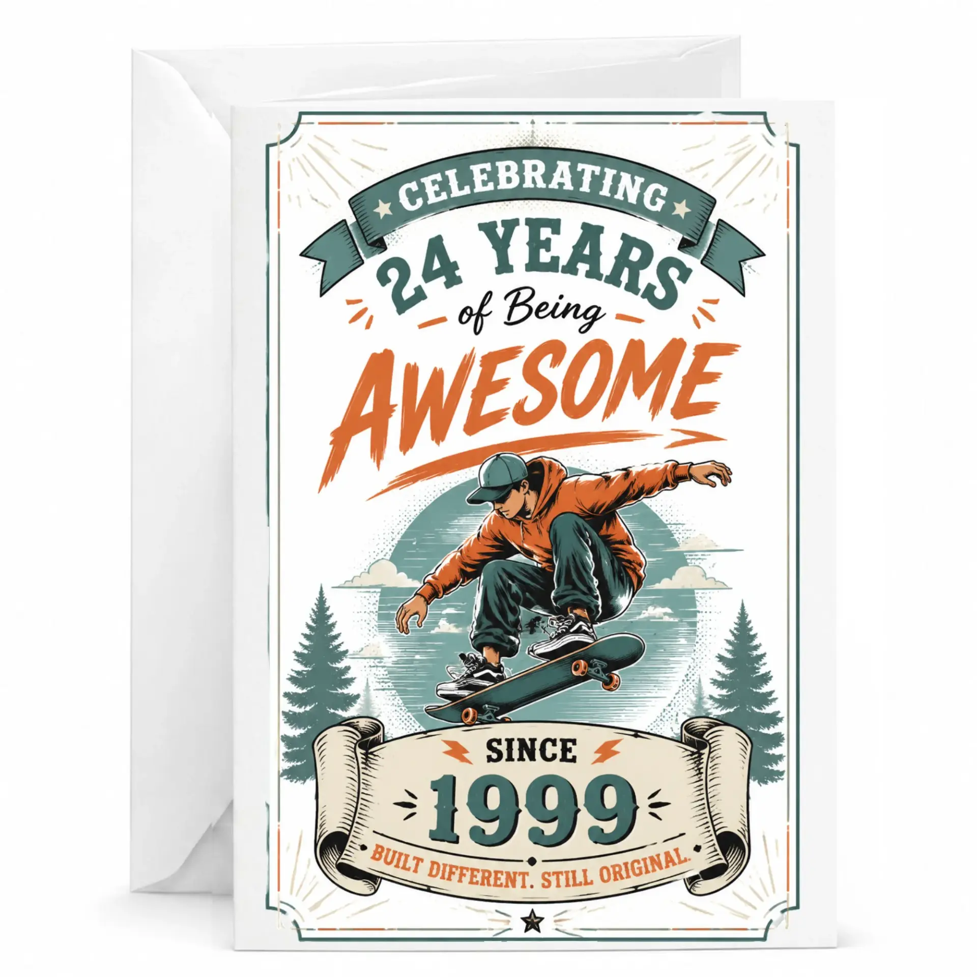 Birthday Card Celebrating 24 Years of Being Awesome Skateboarder Illustration Vintage Style Greeting Card
