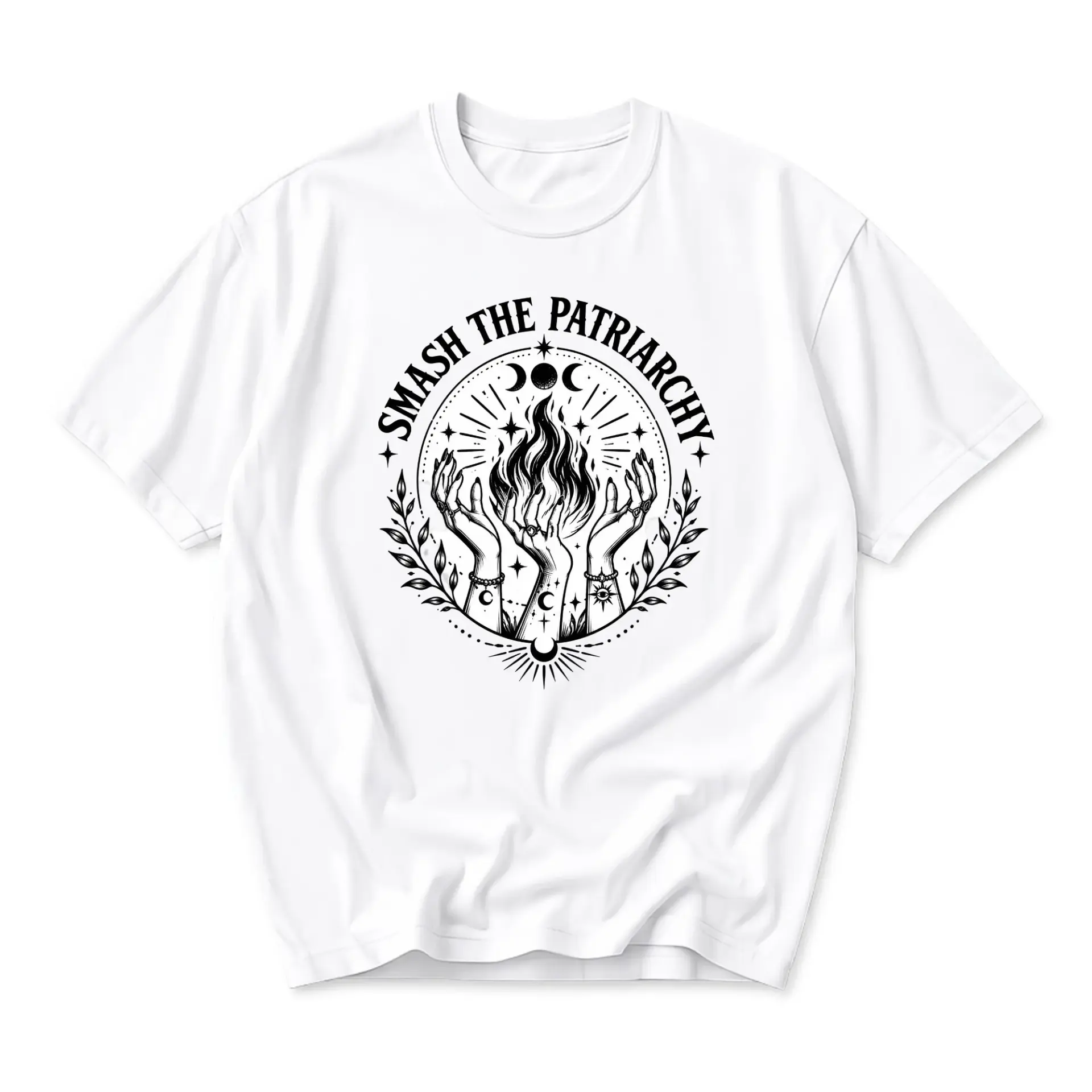 Graphic Tee Unisex Crew Neck T-Shirt Featuring Celestial Occult Style Smash the Patriarchy Flame Hands Illustration