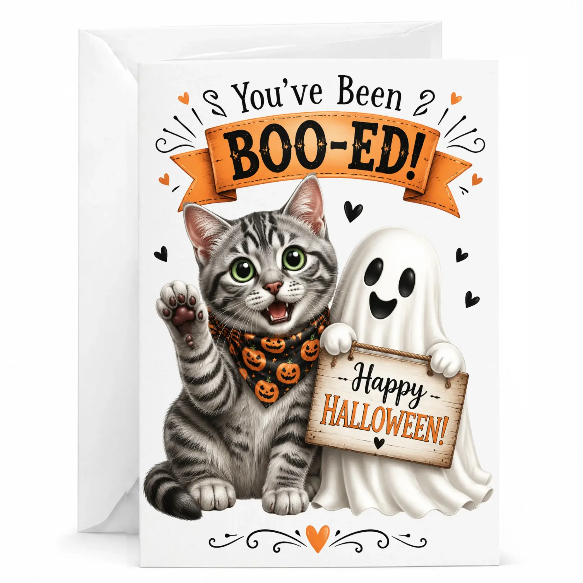 Funny Halloween Greeting Card Cute Cat with Holding Sign for Seasonal Fun Festive Holiday Note 5x7 Inch