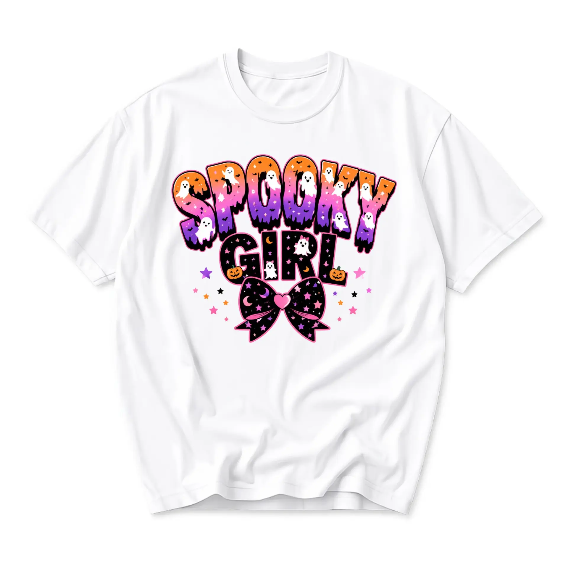 Graphic Tee Spooky Girl Halloween Shirt Cute Ghost Bow Design Unisex Crew Neck Apparel for Casual Fall Everyday Wear