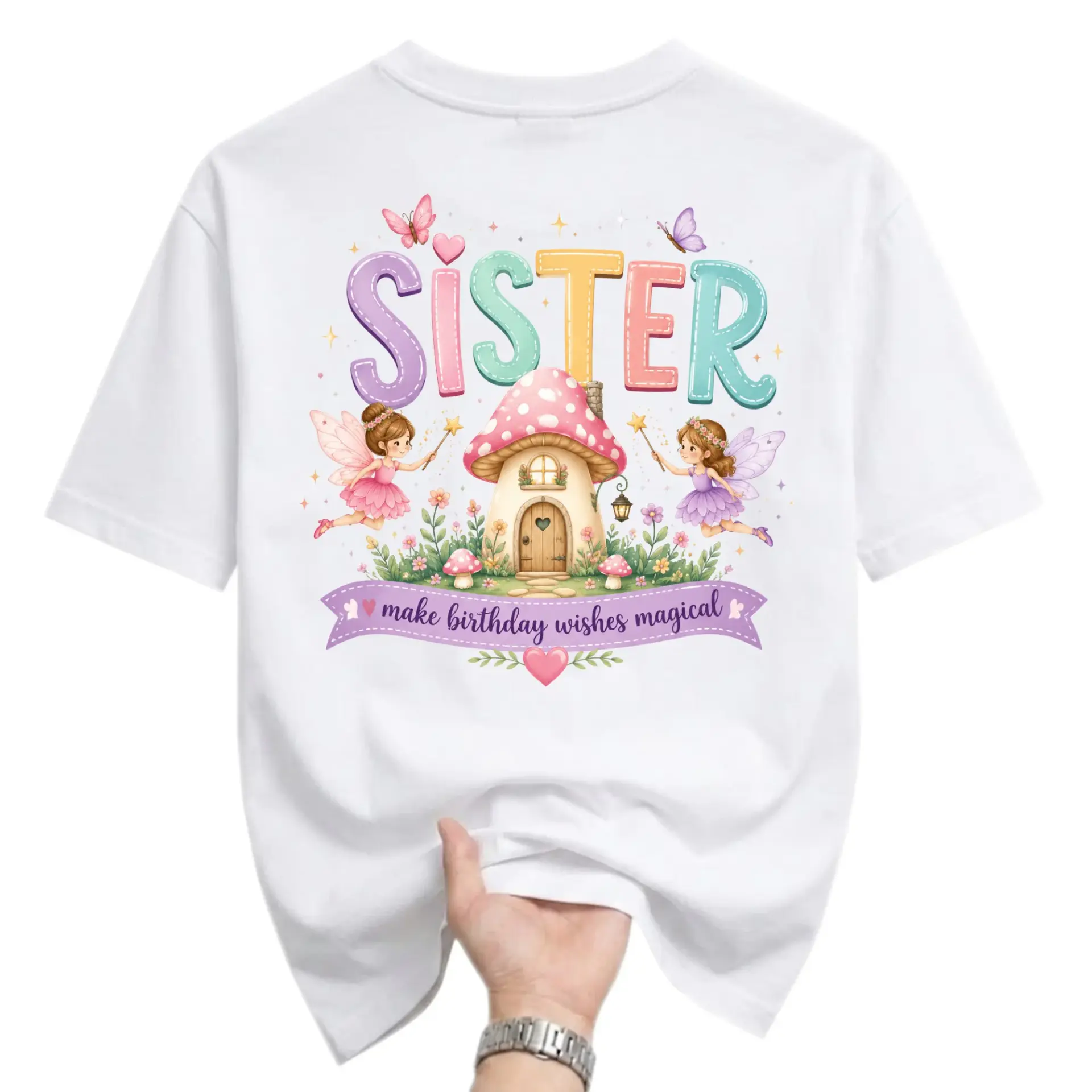 Graphic Tee Sister Make Birthday Wishes Magical Fairy Mushroom Art Unisex Crew Neck Short Sleeve Casual Cotton Shirt