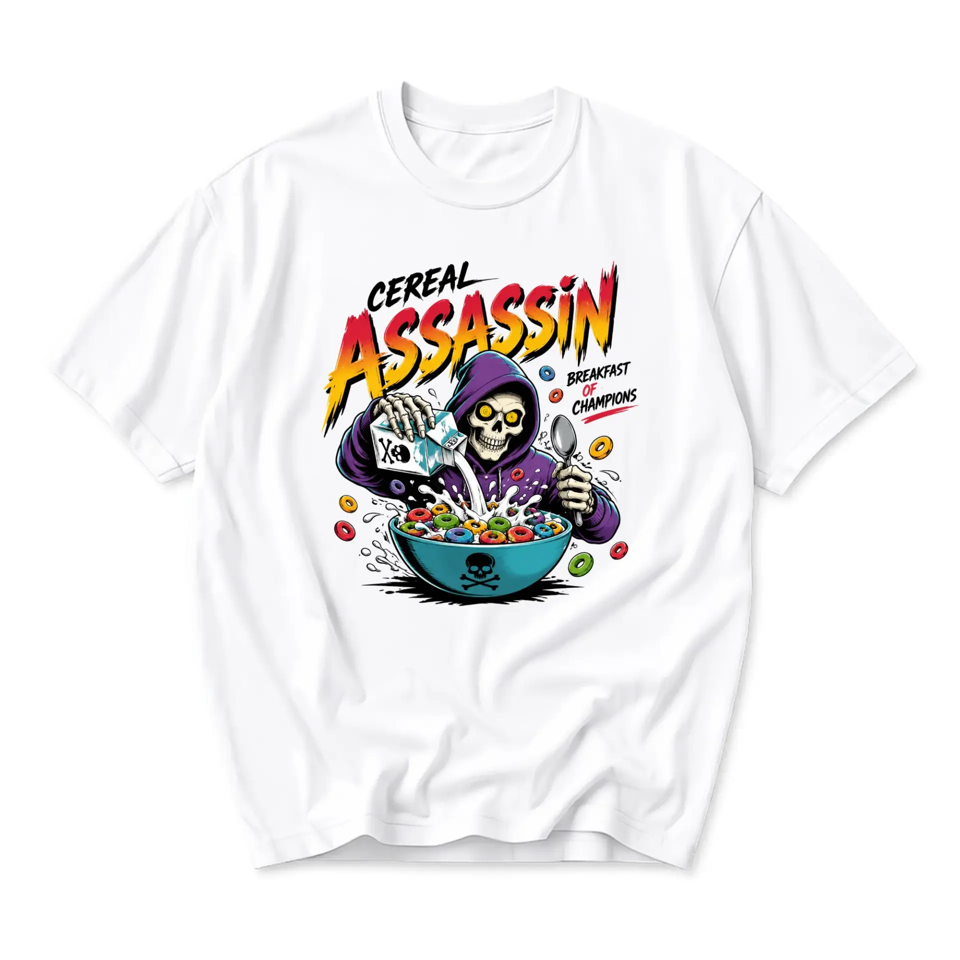 Funny Shirt Cereal Assassin Graphic Tee Vintage Style Skull Eating Breakfast Illustration Unisex Crew Neck Top
