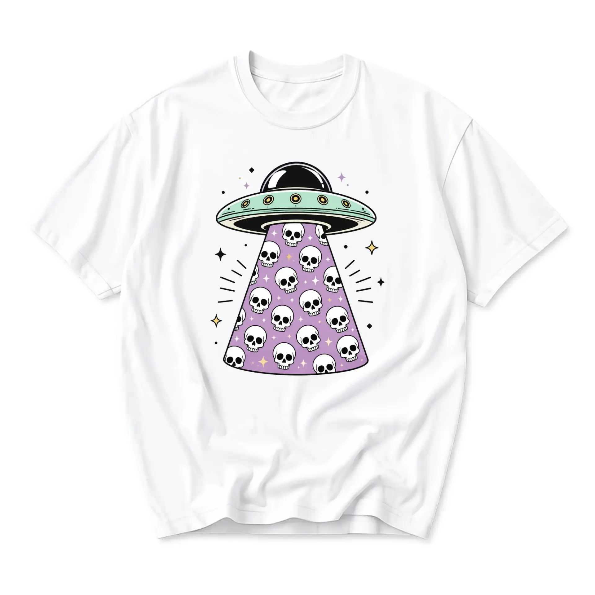 Graphic Tee Unisex Alien Ufo Abduction Skull Pattern Print Casual Short Sleeve Crew Neck Cotton Blend Shirt White