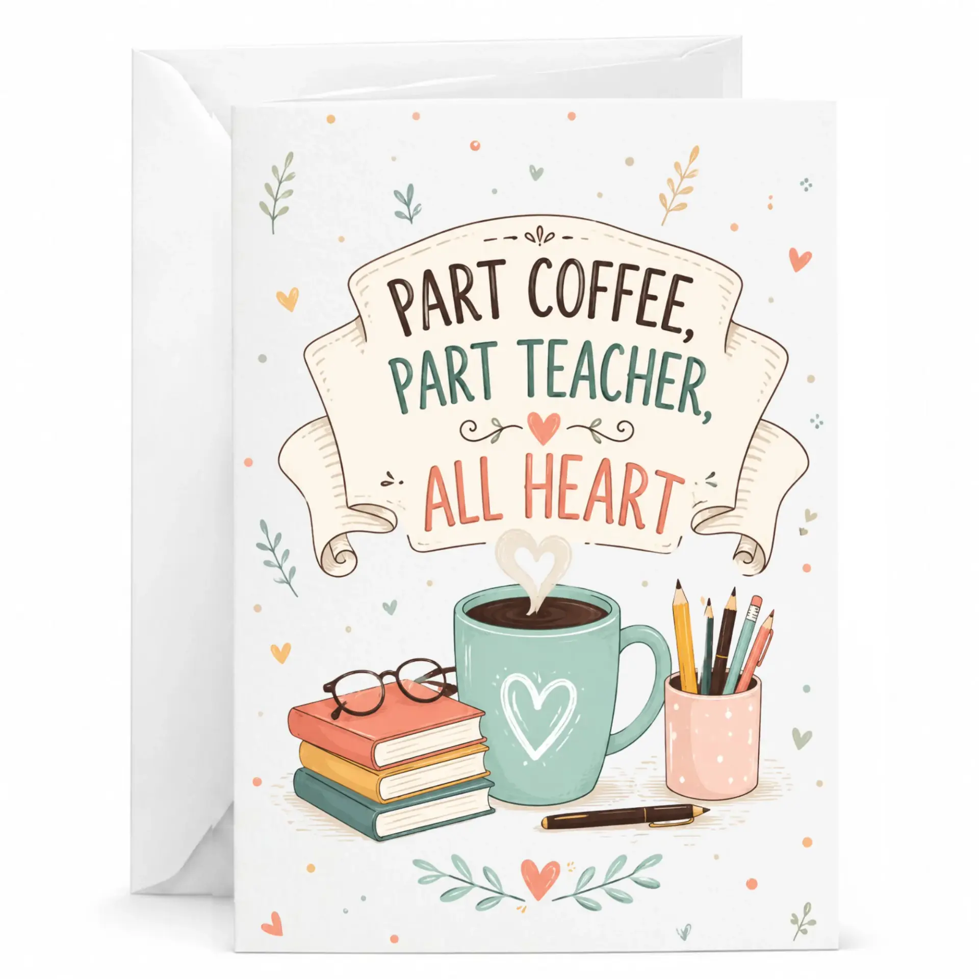 Greeting Card for Part Coffee Teacher All Heart Design with Matching White Envelope